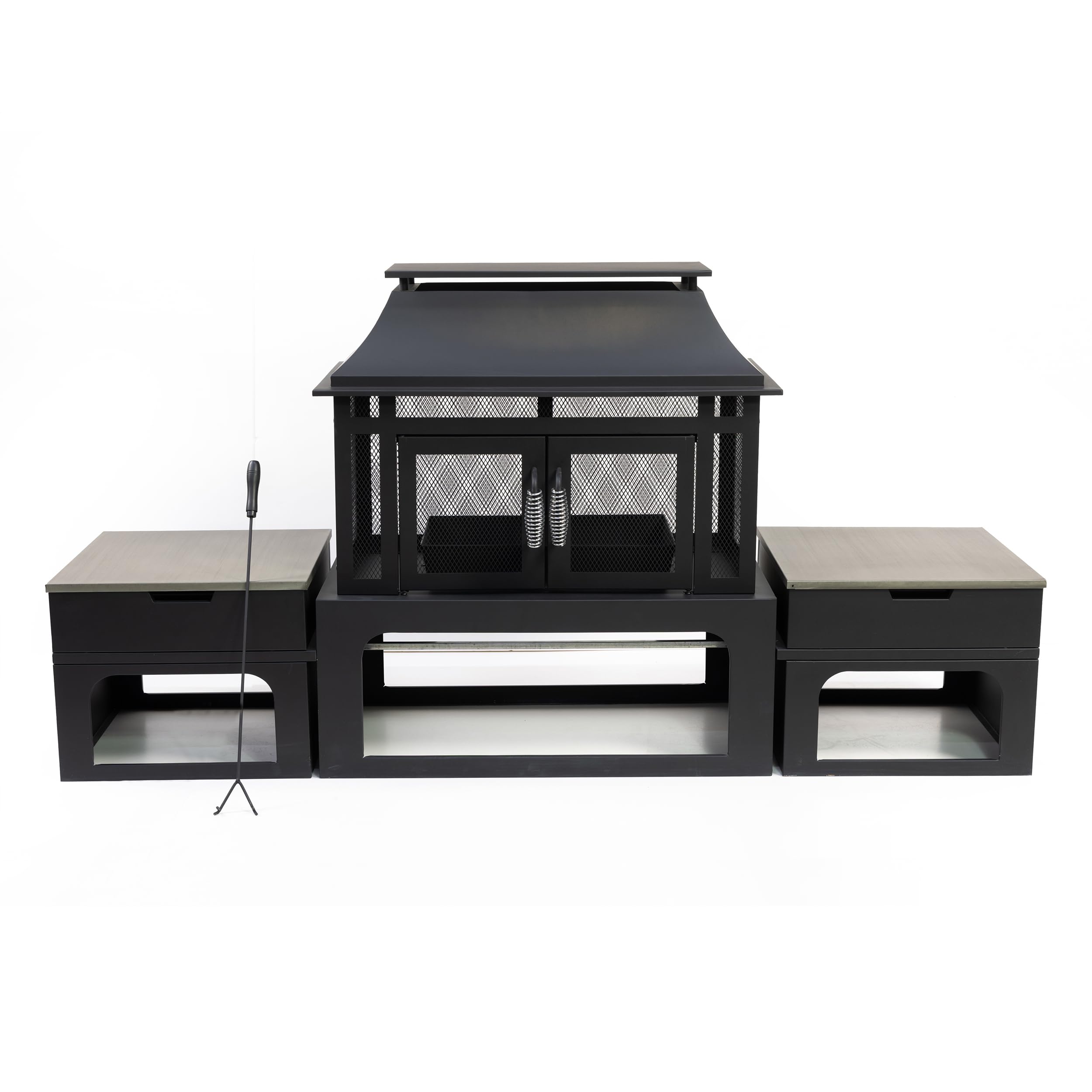70 Inch Rectangular Outdoor Fireplace with Side Tables
