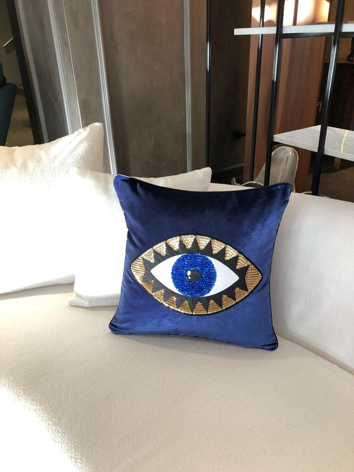 Evil Eye Pattern Throw Pillow Cover - Midnight Blue Velvet Cushion - 18x18 Inch