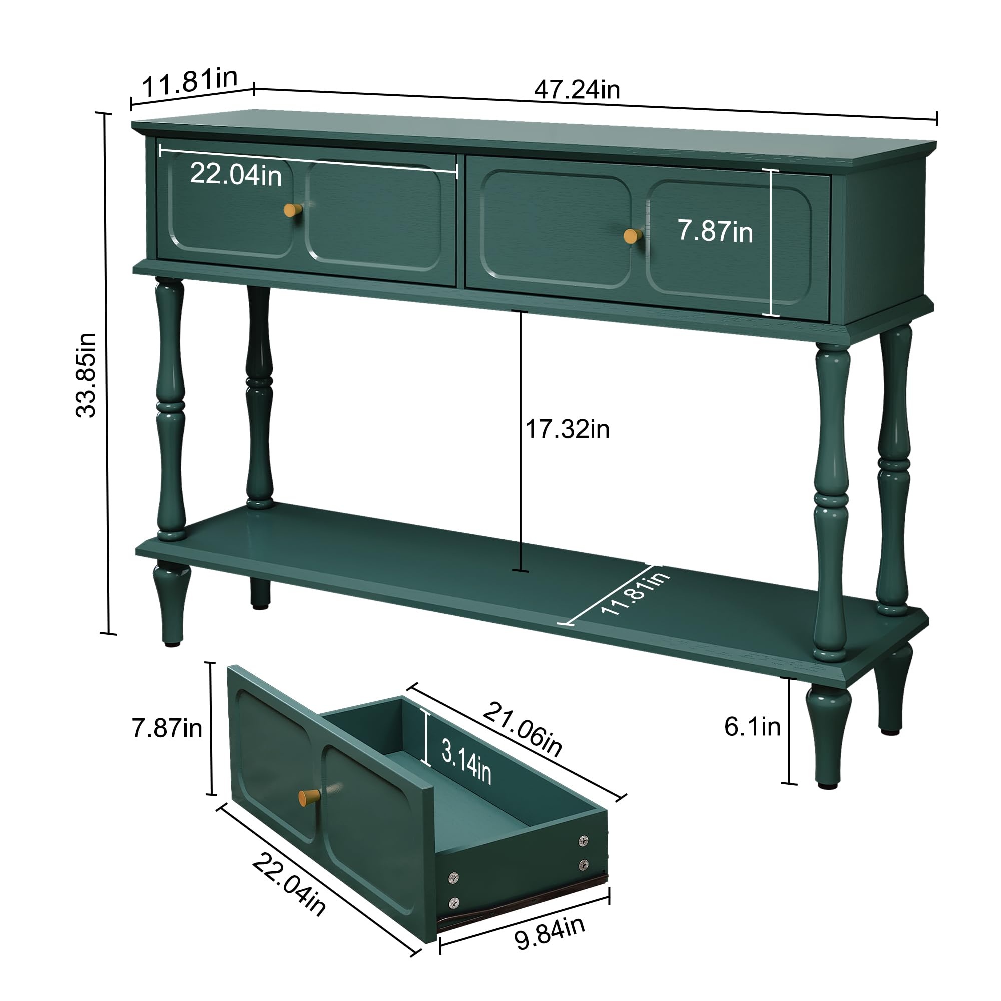 Mid-Century Console Table with 2 Drawers and Open Shelf