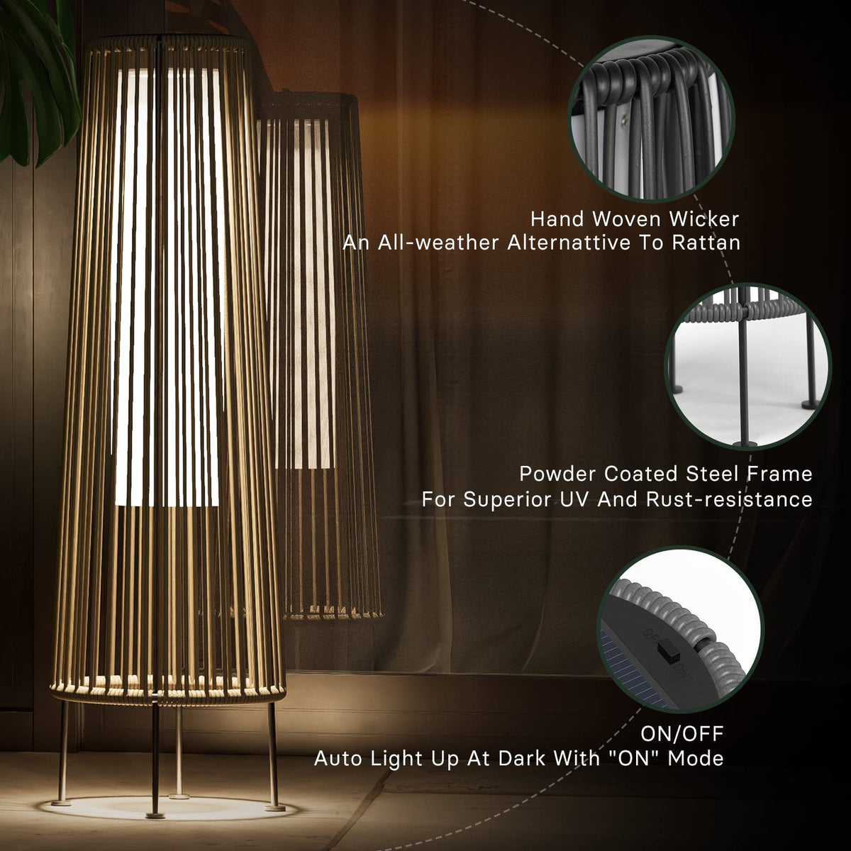 Outdoor Solar Floor Lamp 2-Pack - Wicker Waterproof Patio Light