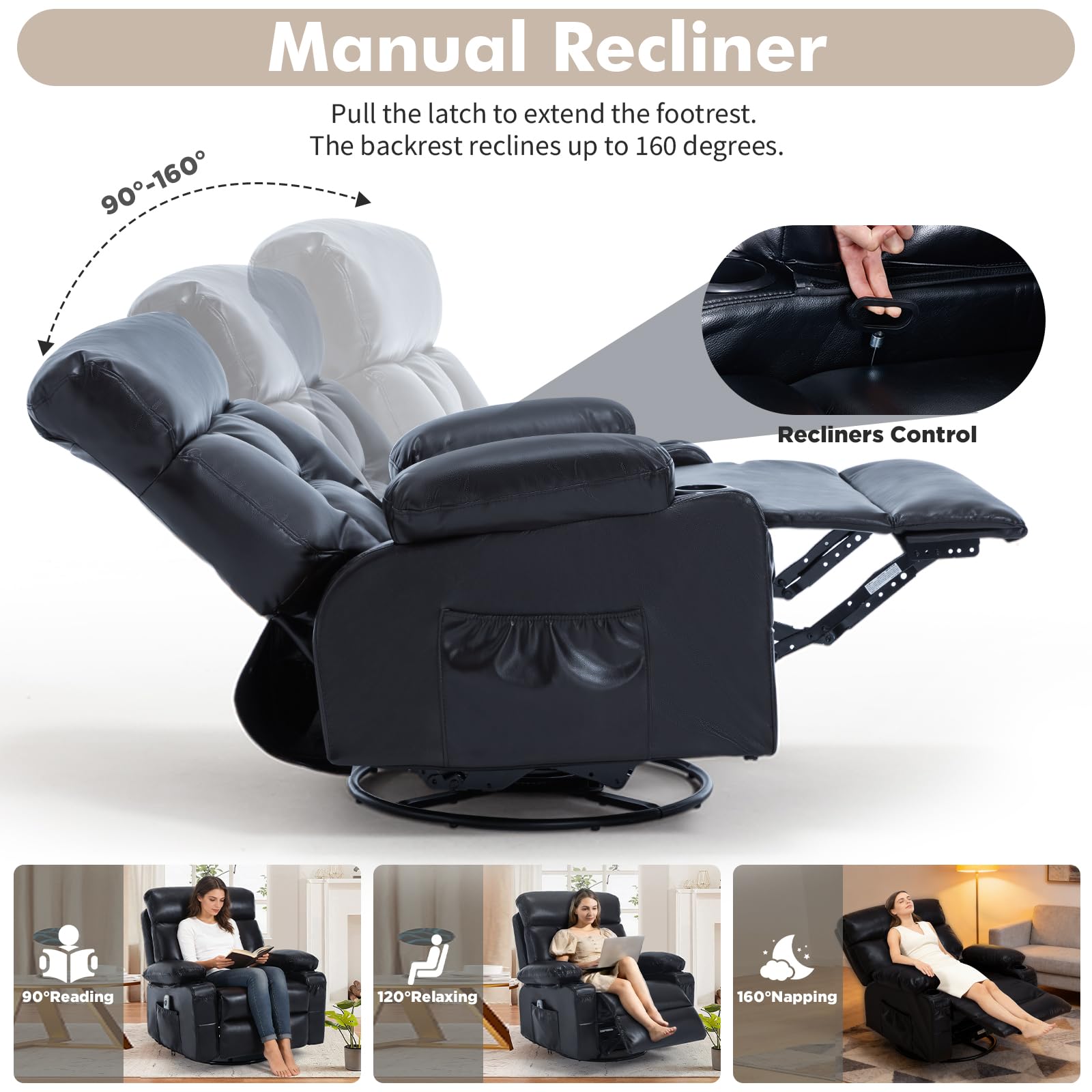 Recliner Chair with Heat and Massage, 360° Swivel Rocking Recliner for Adult, Overstuffed Armrest Faux Leather Manual Recliner with Cup Holders,Black