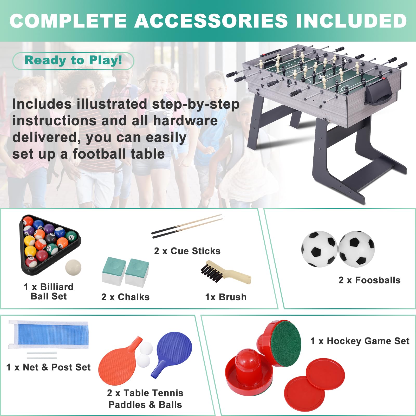 RAYKEEP 4-in-1 Foldable Multi Game Table, 54" Combo Game Table Set with Ping Pong, Hockey, Pool Billiards and Foosball for Home, Adults, Game Room, Friends & Family