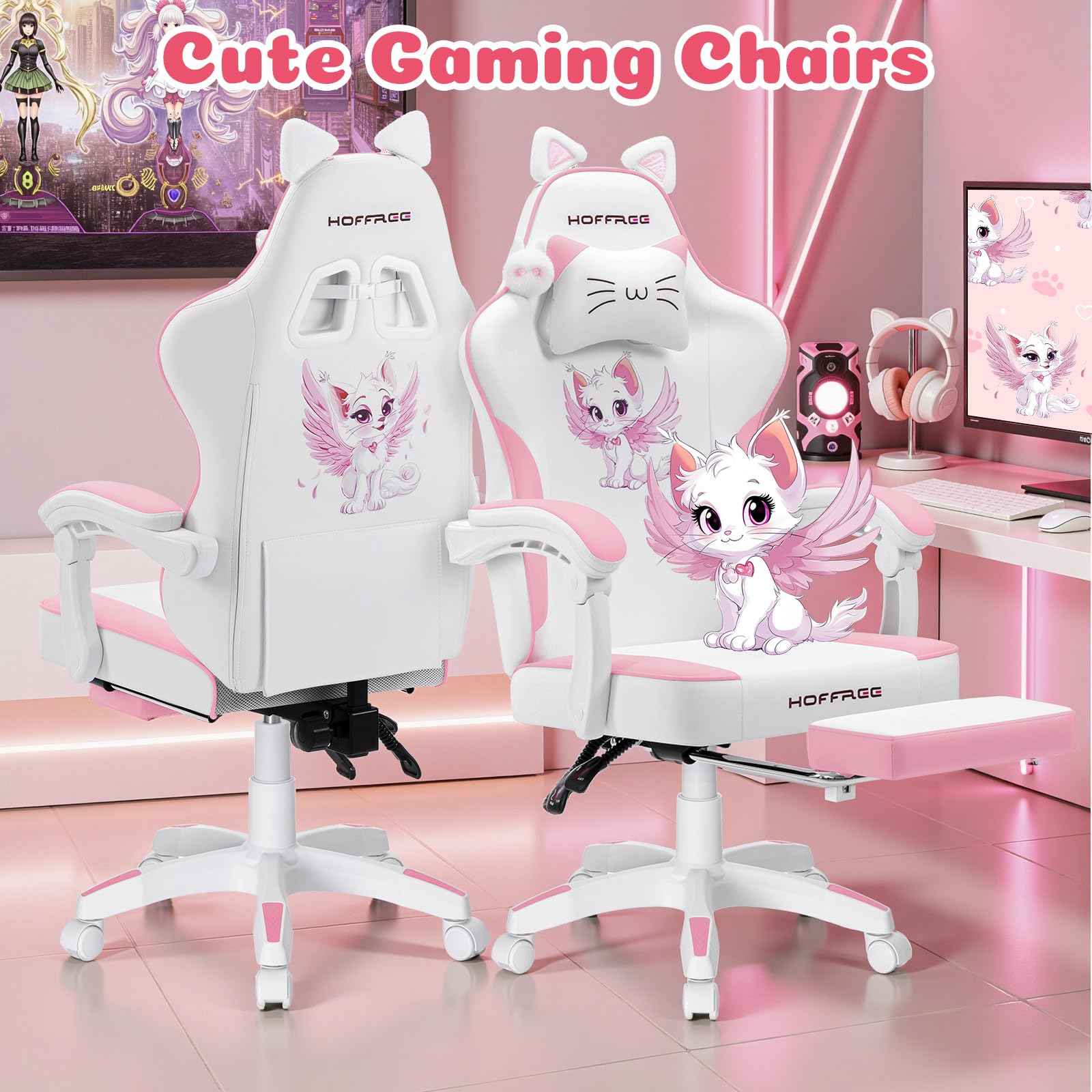 Pink Gaming Chair with Cat Ears and Massage Lumbar