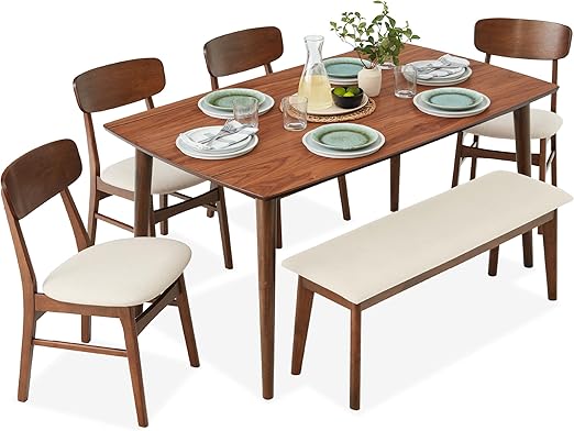 6-Piece Wooden Dining Set with Bench and Upholstered Chairs