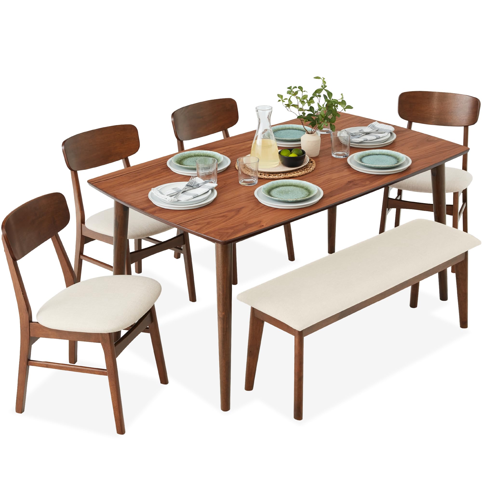 6-Piece Wooden Dining Set with Upholstered Chairs and Bench