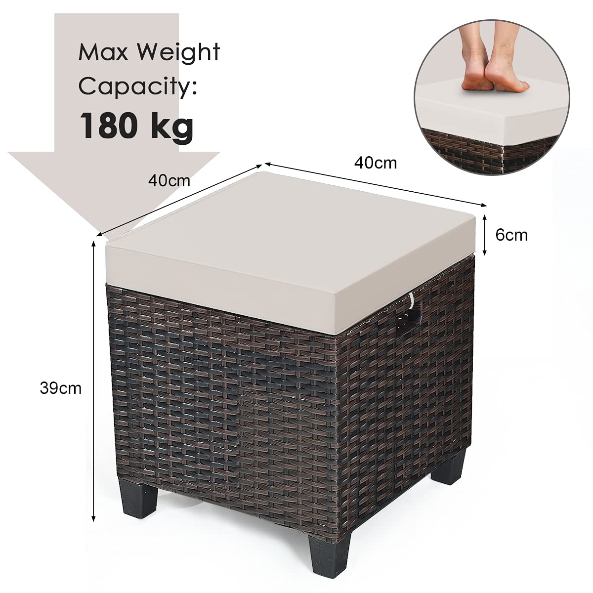 2-Piece Rattan Patio Ottoman with Removable Cushions