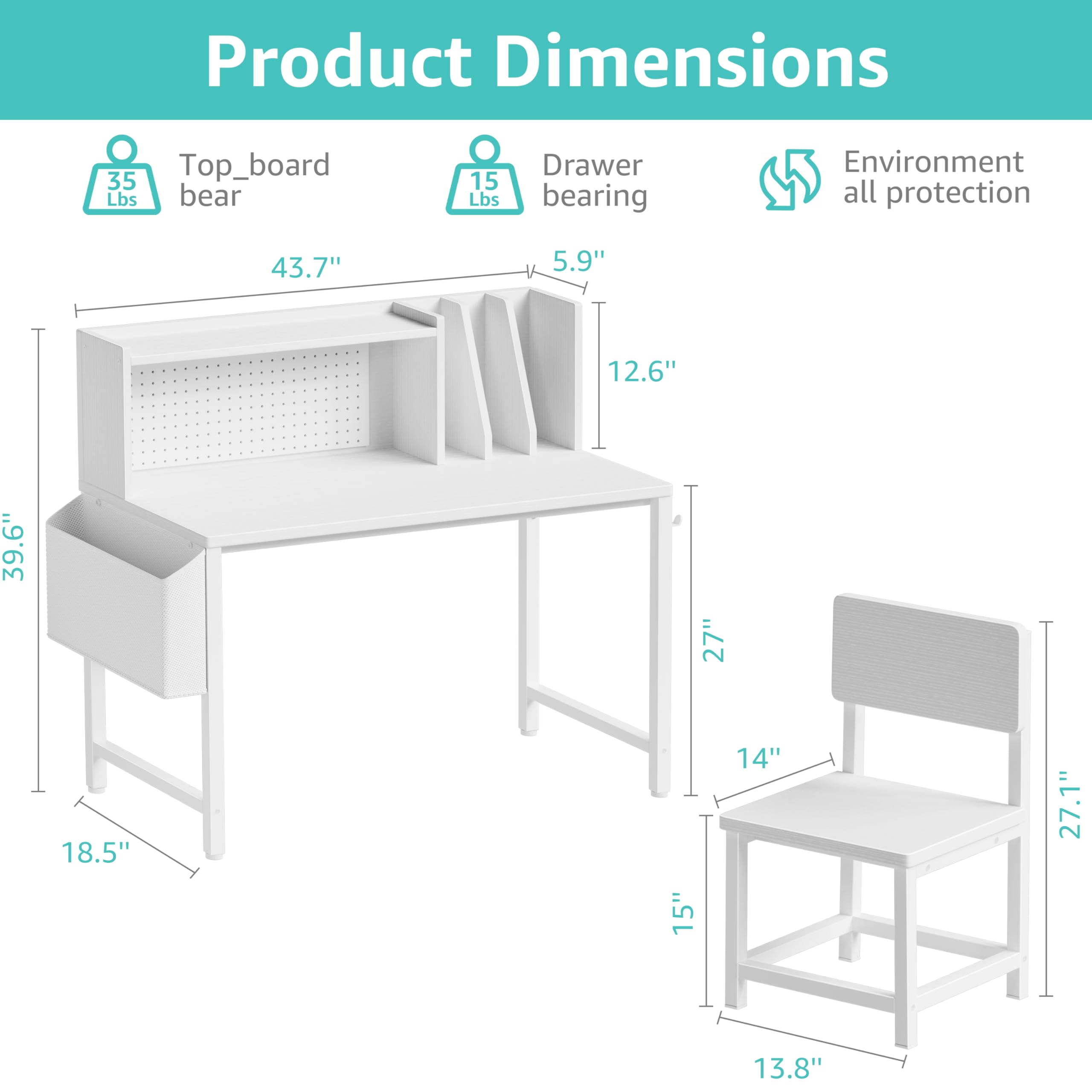 Kids Desk and Chair Set with Hutch and Pegboard