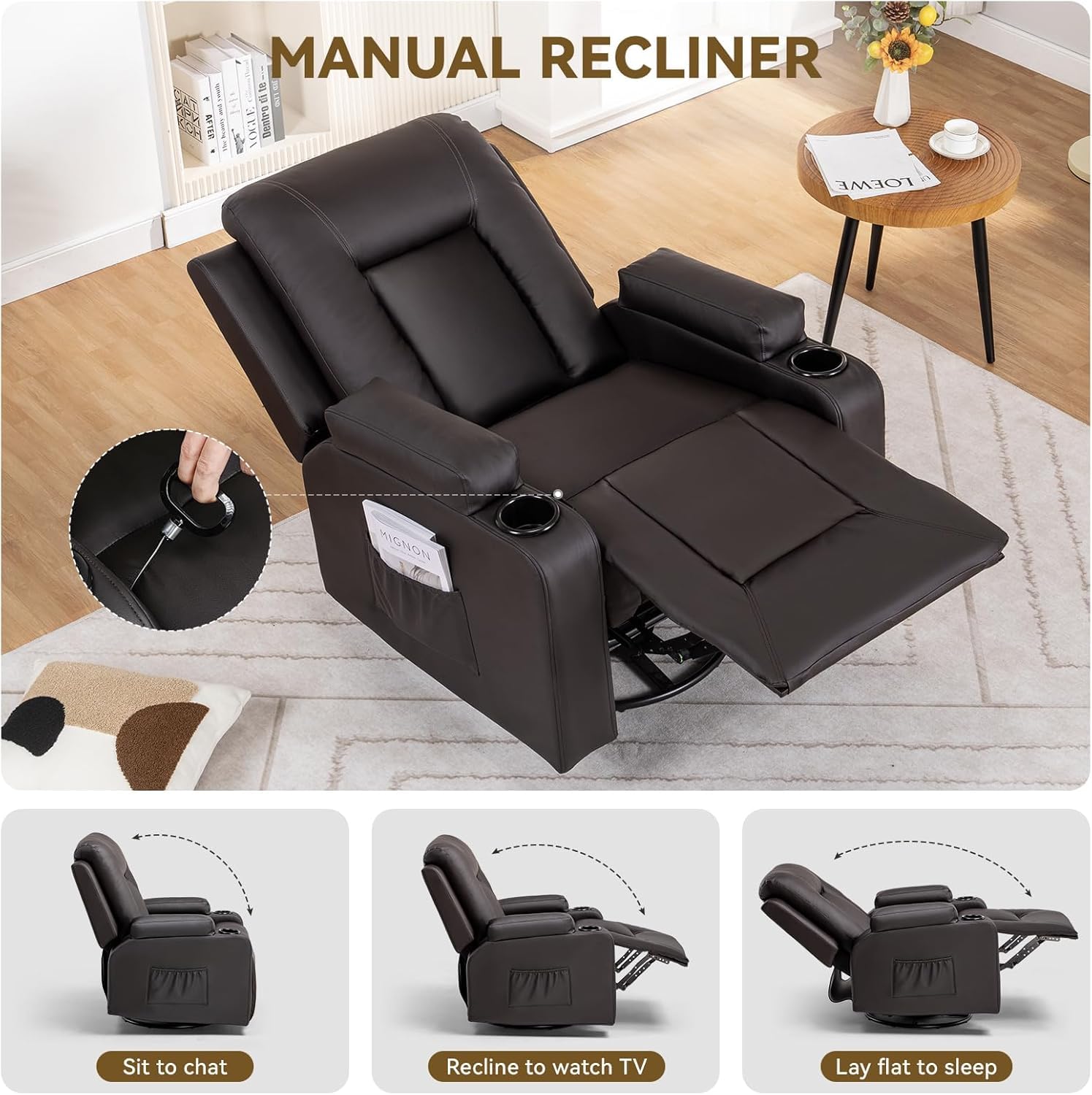 COMHOMA Recliner Chair, Swivel Rocker Recliners, Reclining Sofa with Side Pockets, Cup Holders for Living Room, Bedroom (Brown)