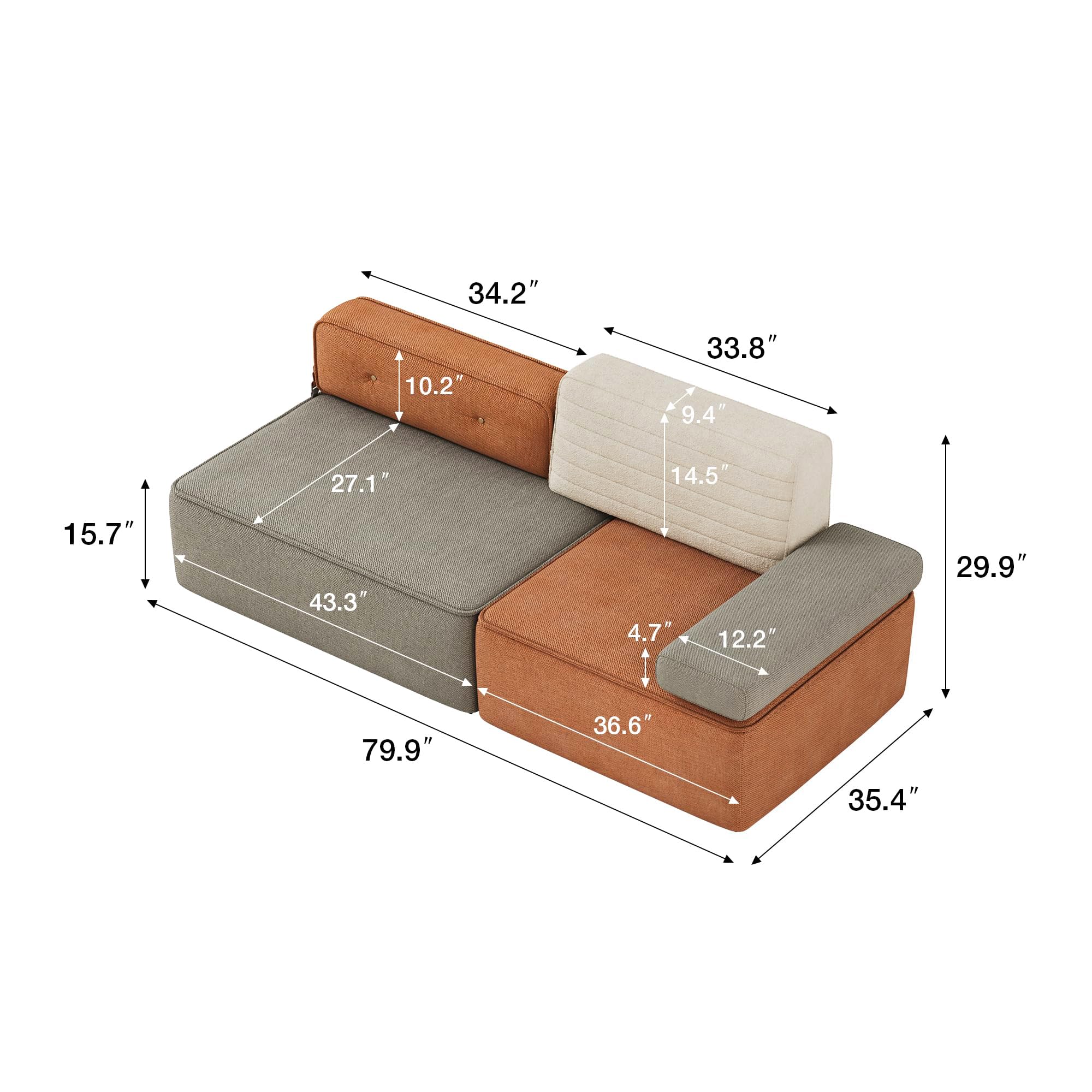 79.9" Modular Sofa Couch 3-Seater Sectional with Detachable Backrest