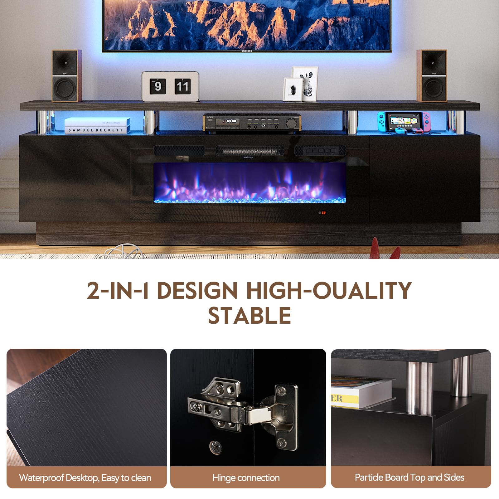 70" TV Stand with Electric Fireplace and Storage Cabinet