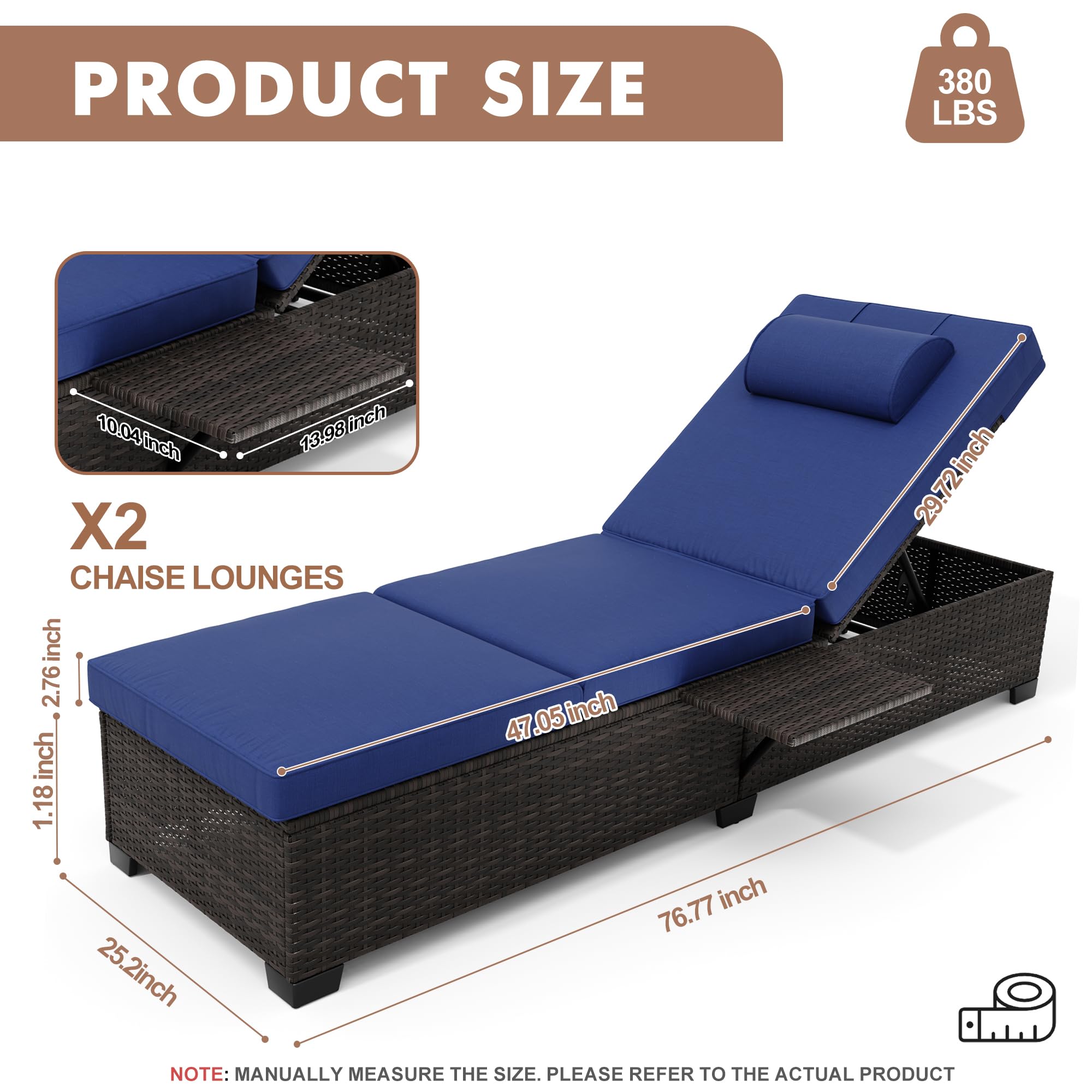 Outdoor PE Wicker Chaise Lounge Chairs Set of 2