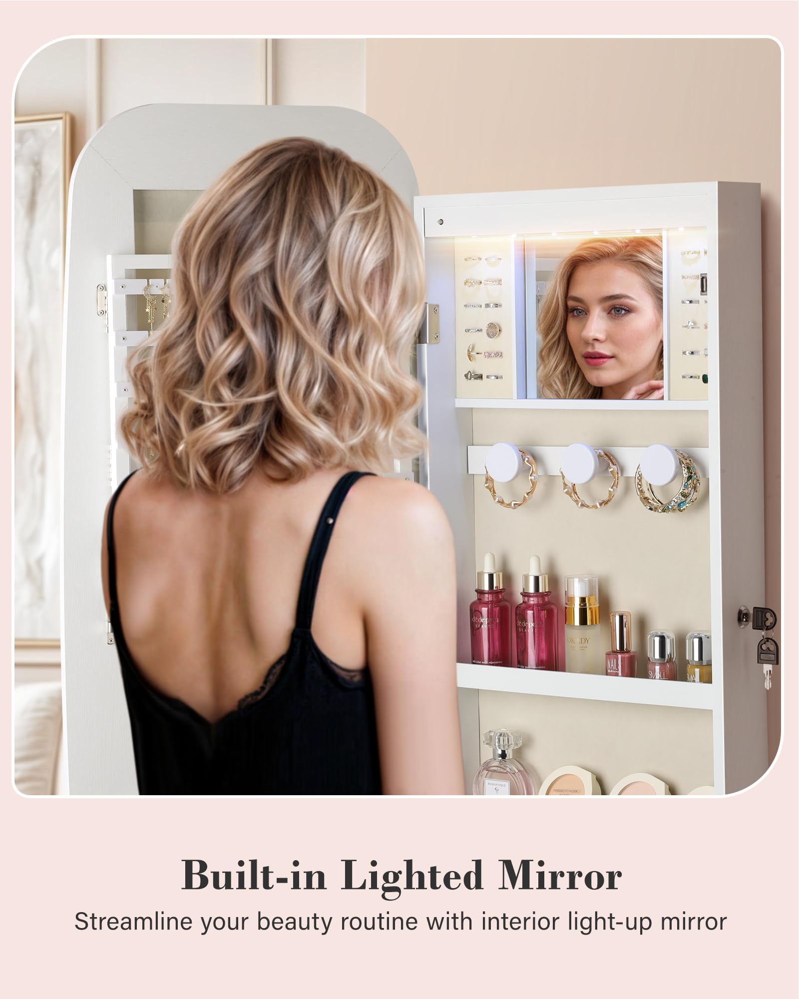 LED Mirror Jewelry Cabinet with Wall Mount and Storage Drawers