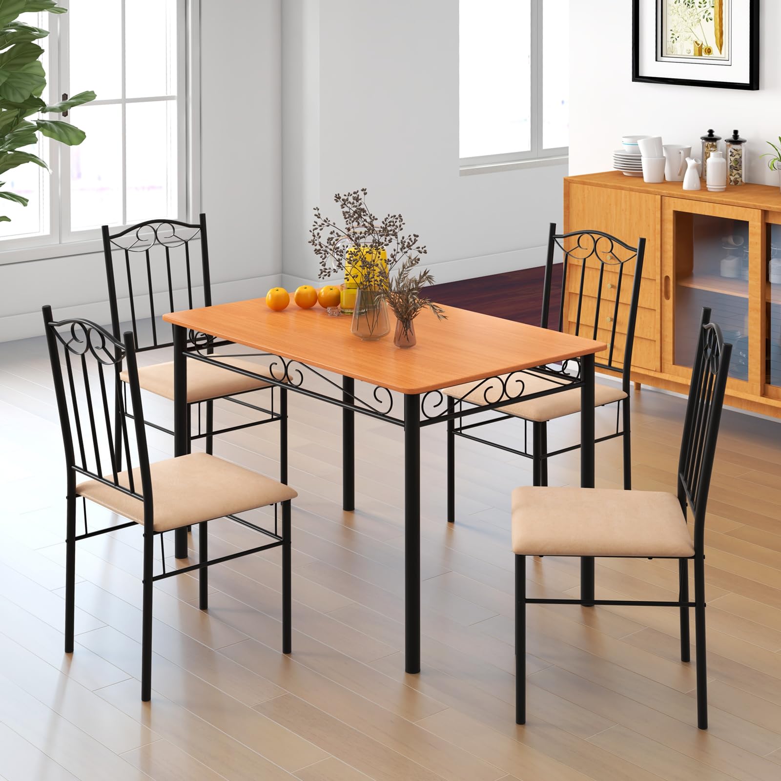 5-Piece Dining Set with Rectangular Table and Upholstered Chairs