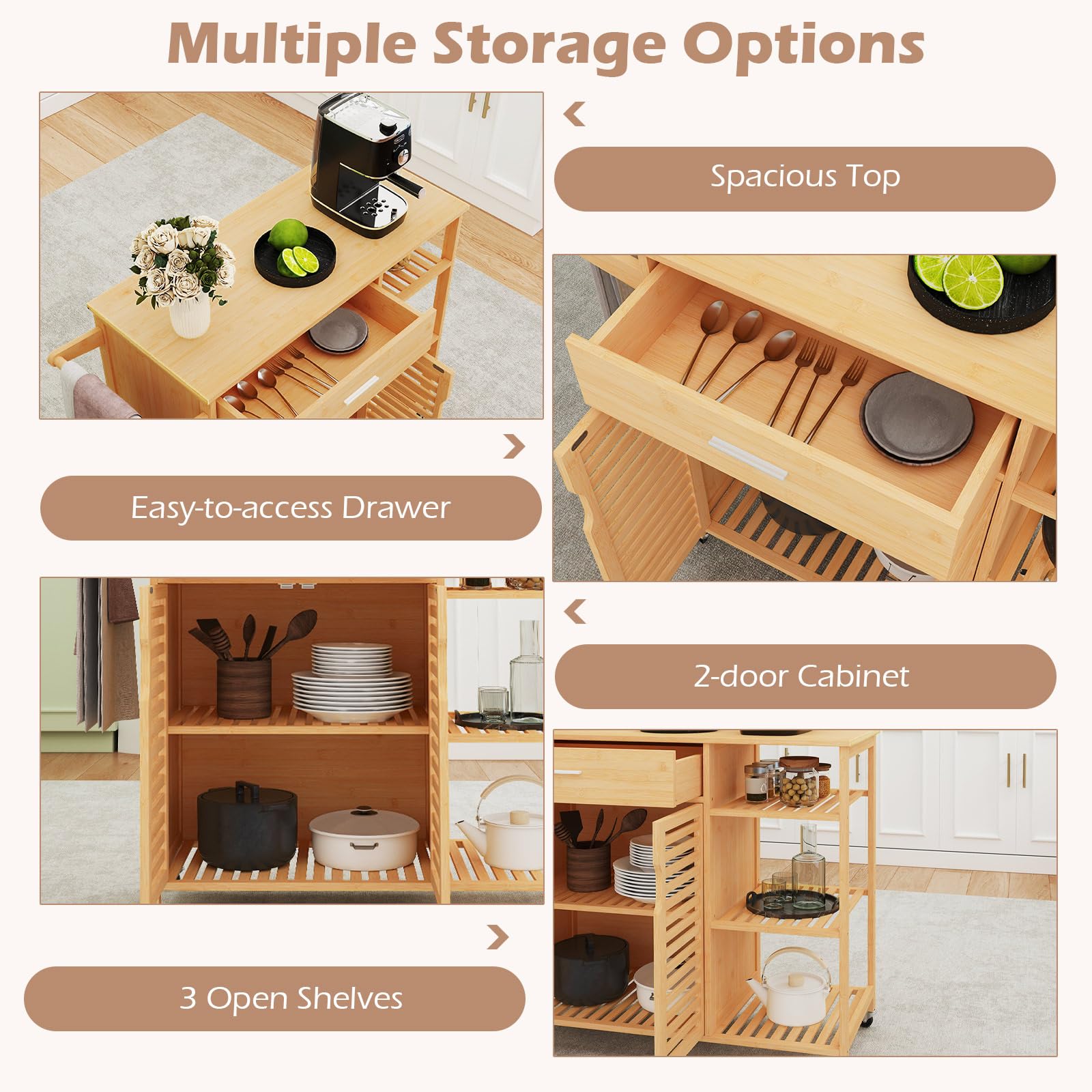 Bamboo Kitchen Island Cart with Storage