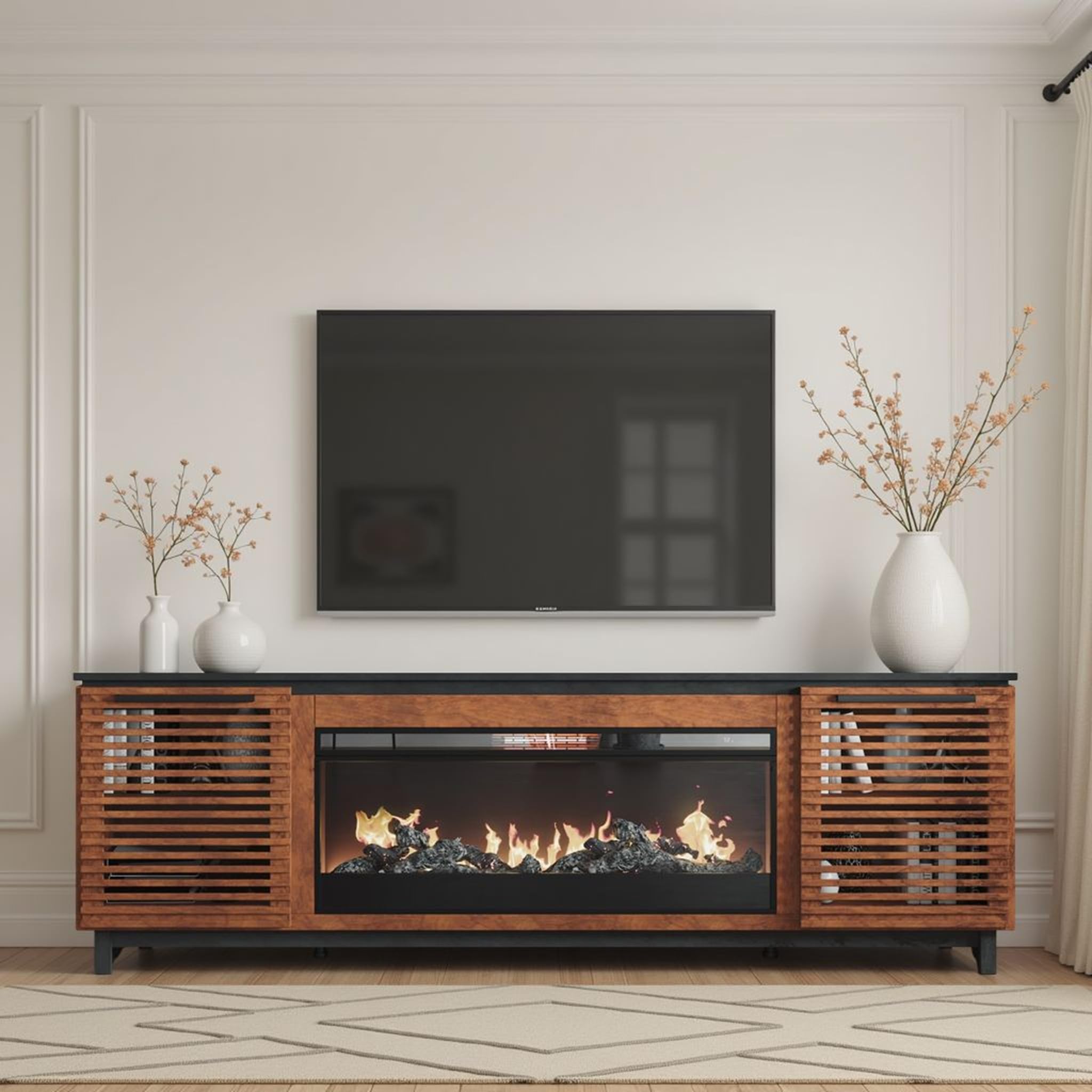 86" Electric Fireplace TV Stand with Solid Wood Construction
