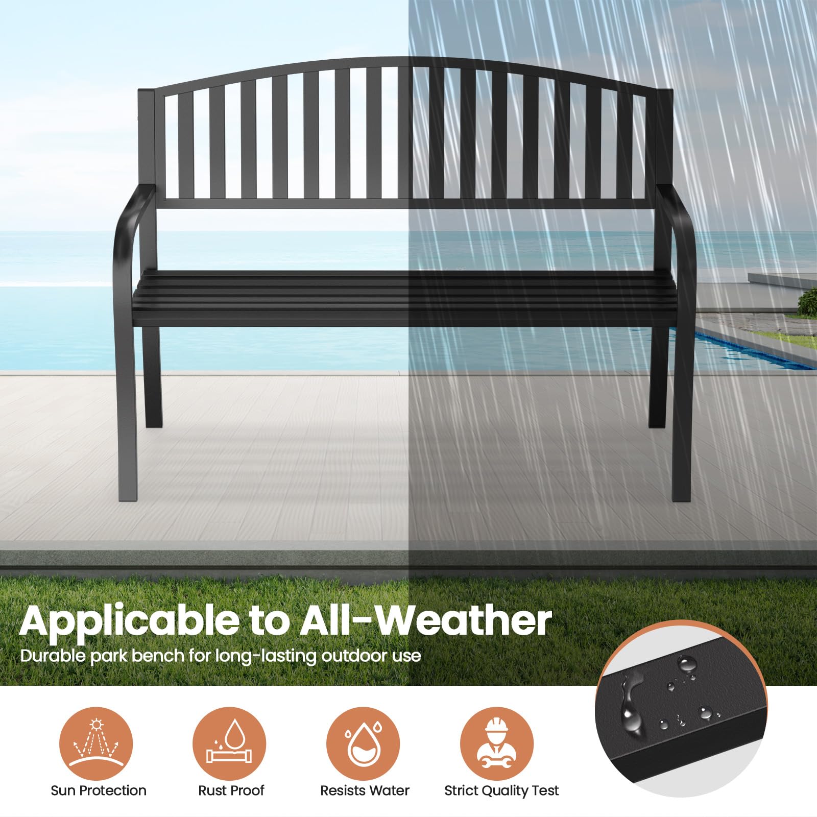 50" Metal Outdoor Bench with Armrests