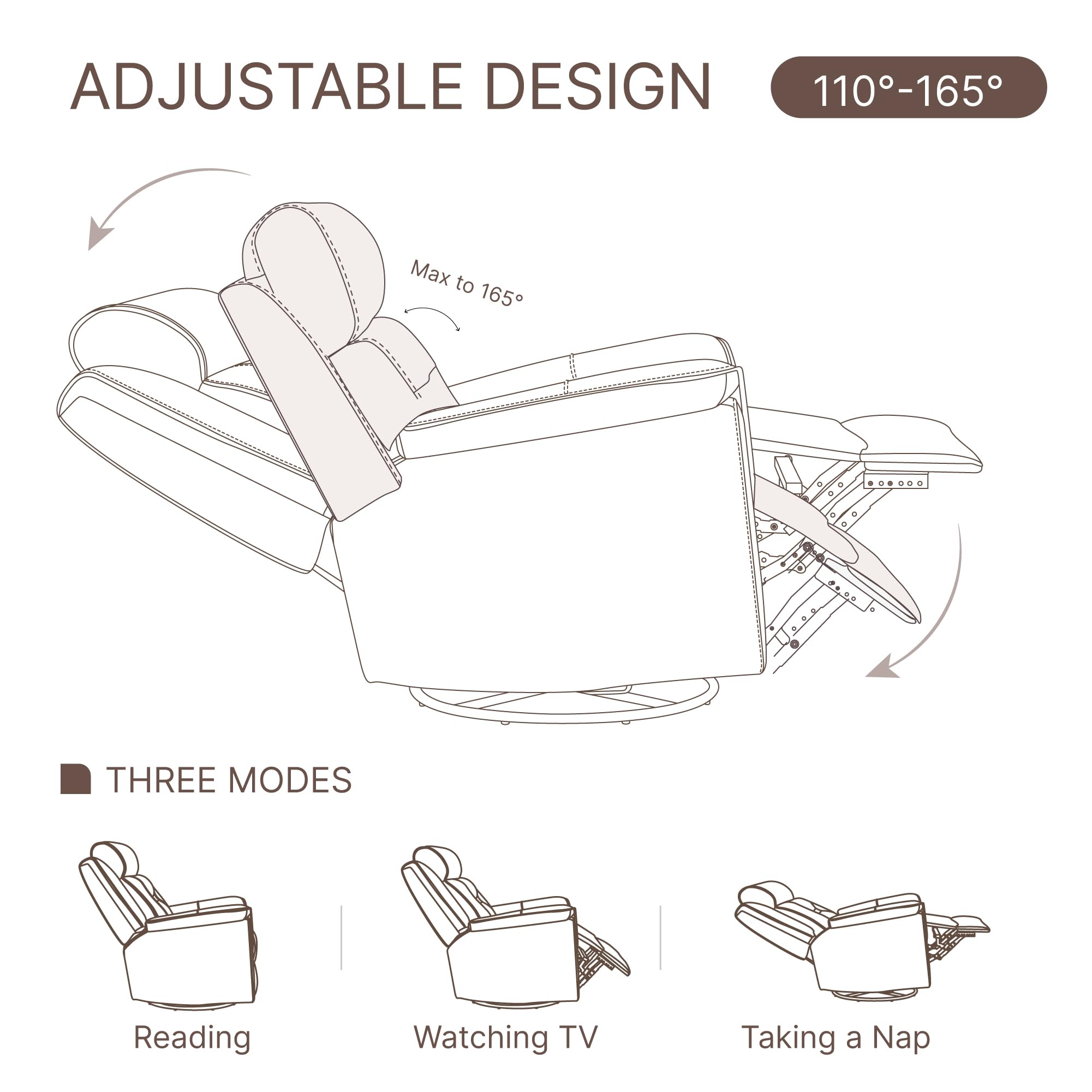 KISLOT Leather Recliner Chair, 360° Swivel Rocker for Adults Manual Rocking Reclining Chair with Adjustable Backrest Footrest for Living Room Bedroom Home Theater Seating