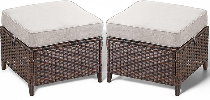 2-Piece Outdoor Wicker Ottoman Side Table Set - Brown Rattan Footrest Bench