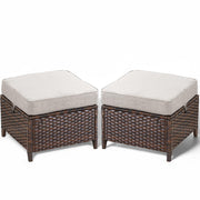 2-Piece Outdoor Wicker Ottoman Side Table Set - Brown Rattan Footrest Bench
