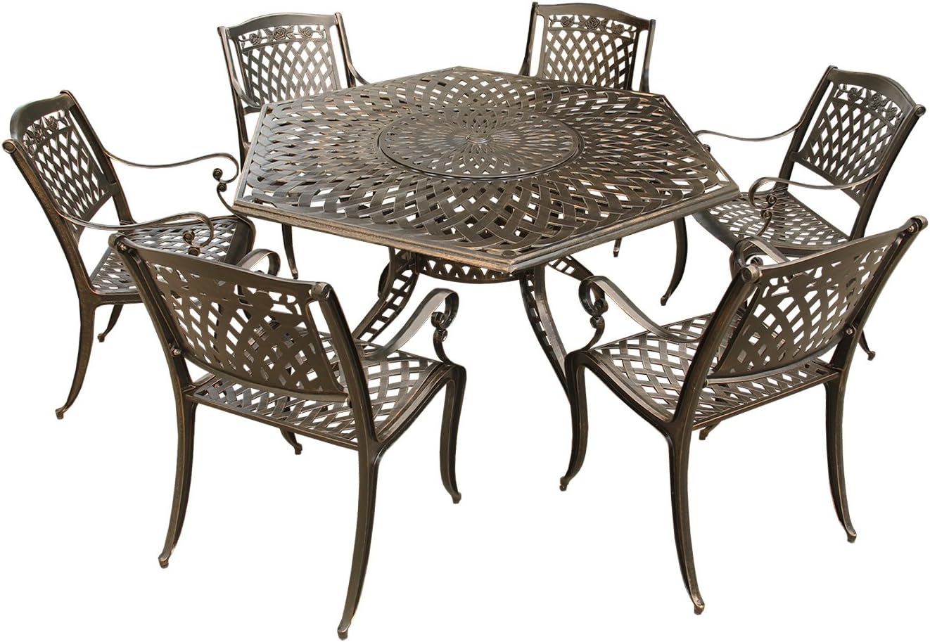 63-Inch Hexagon Outdoor Dining Set with Lazy Susan and 6 Chairs