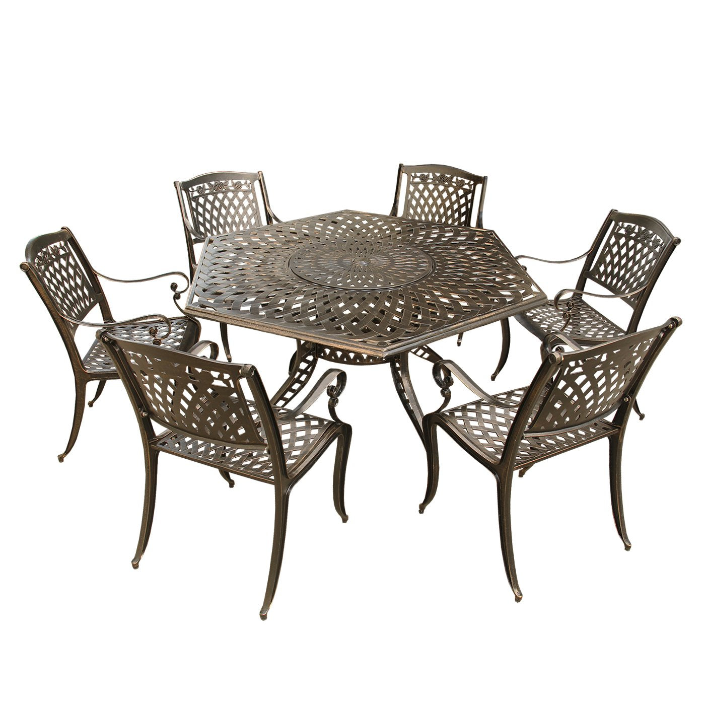 63-Inch Hexagon Outdoor Dining Set with Lazy Susan and 6 Chairs