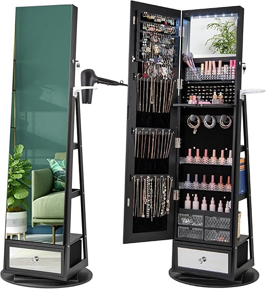 360° Swivel Jewelry Cabinet Armoire with Full Length Mirror