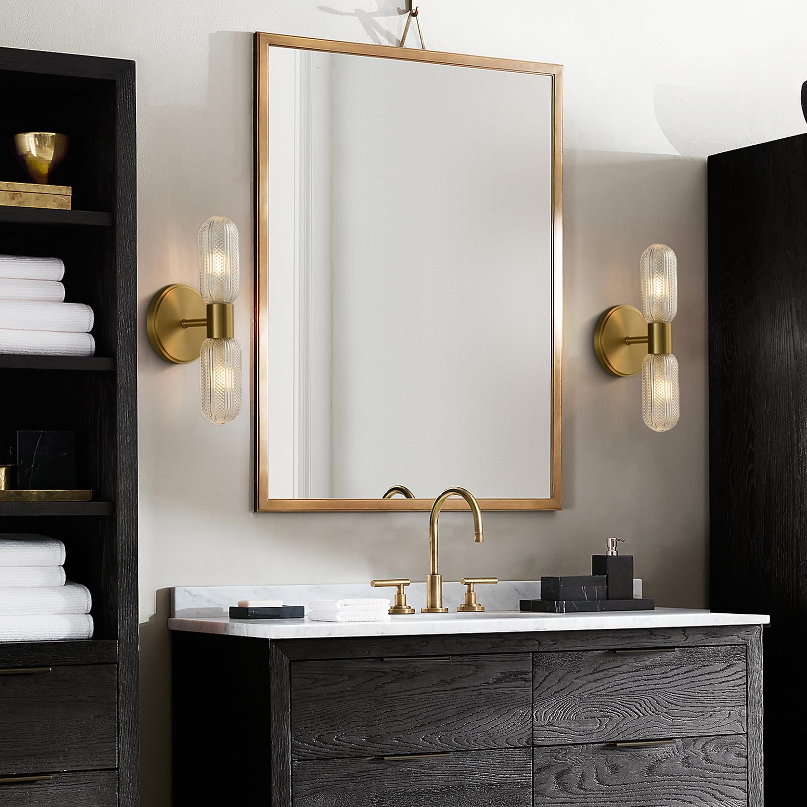 Brushed Brass Wall Sconces with Knurled Glass Shades