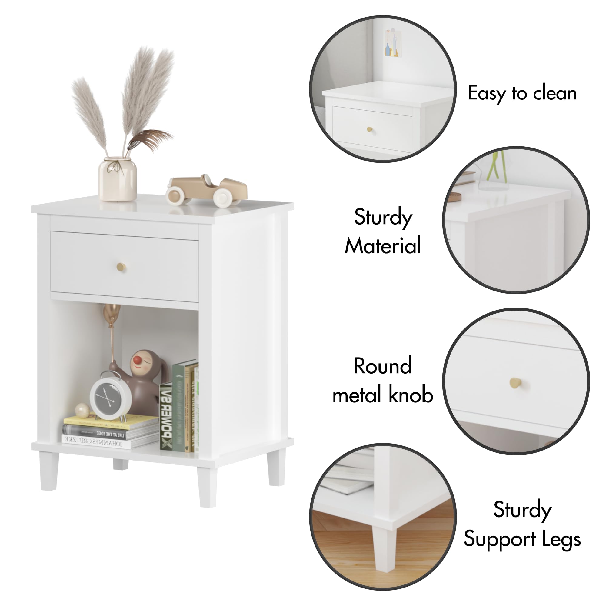 White Nightstand with Drawer and Storage Shelf