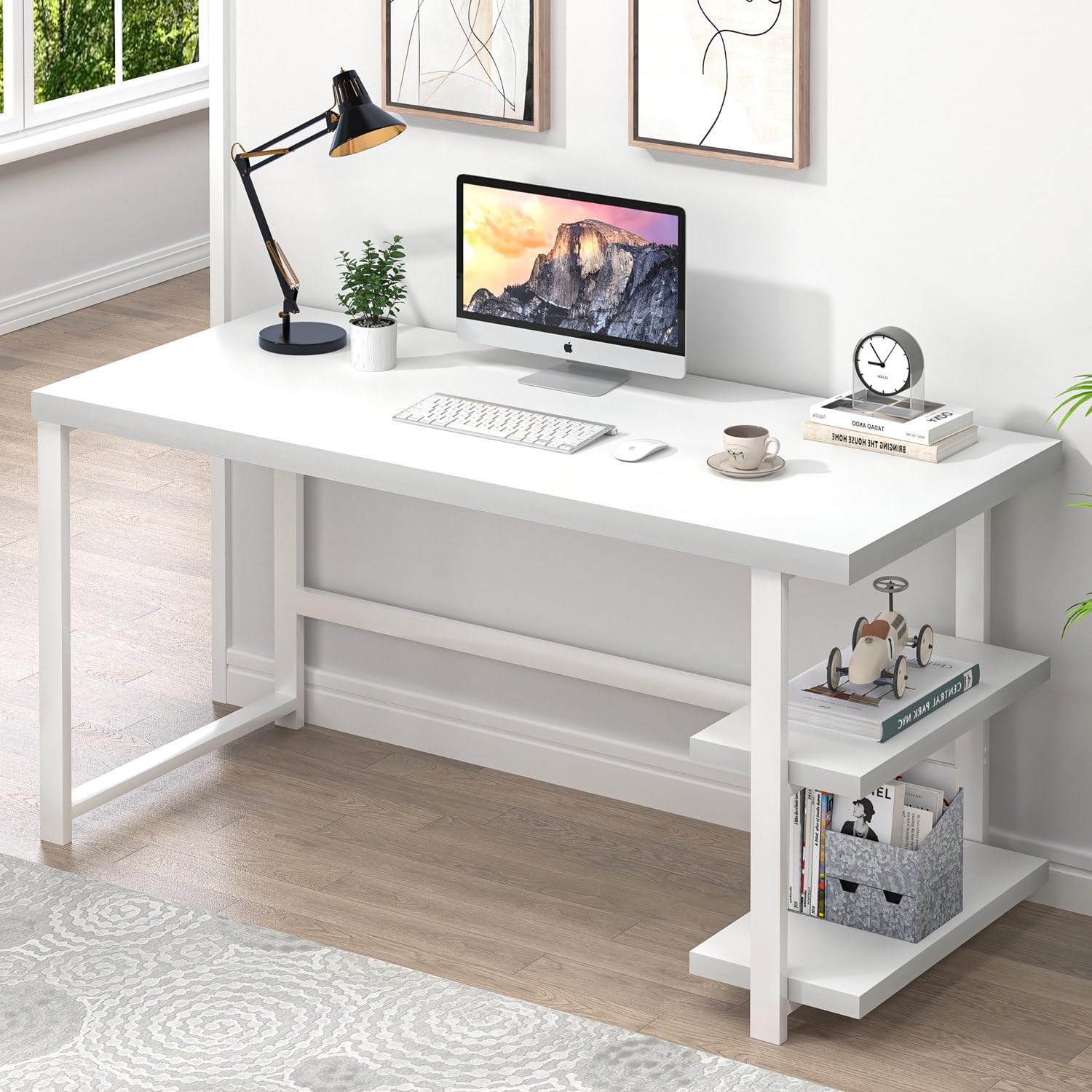 White Computer Desk with Storage Shelf 53 Inch