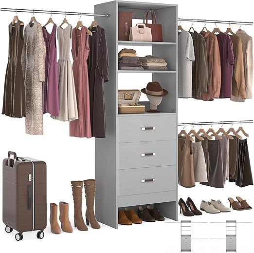 Walk-In Closet Organizer System with Hanging Rods and Drawers