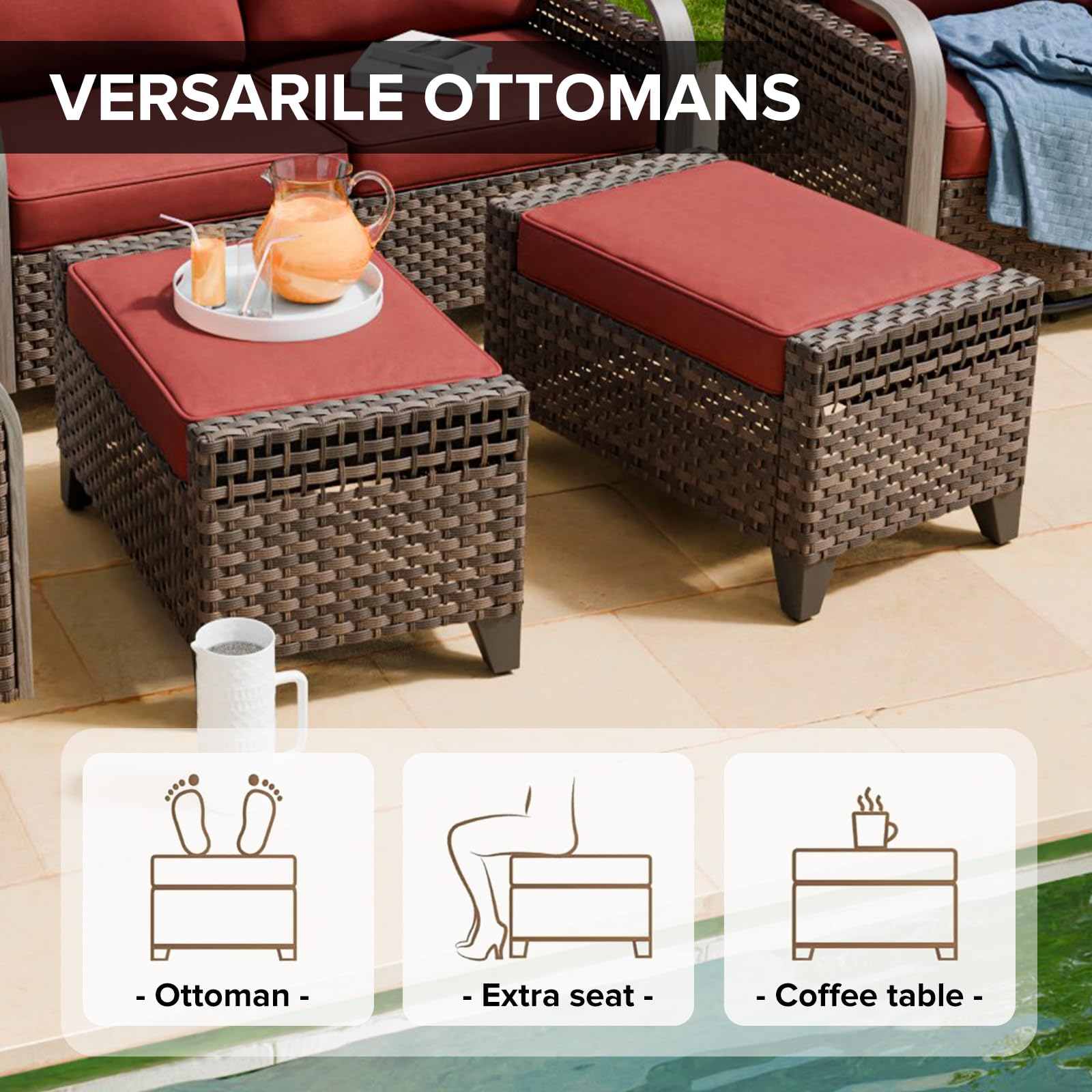 2 Piece Wicker Outdoor Ottomans with Removable Cushions