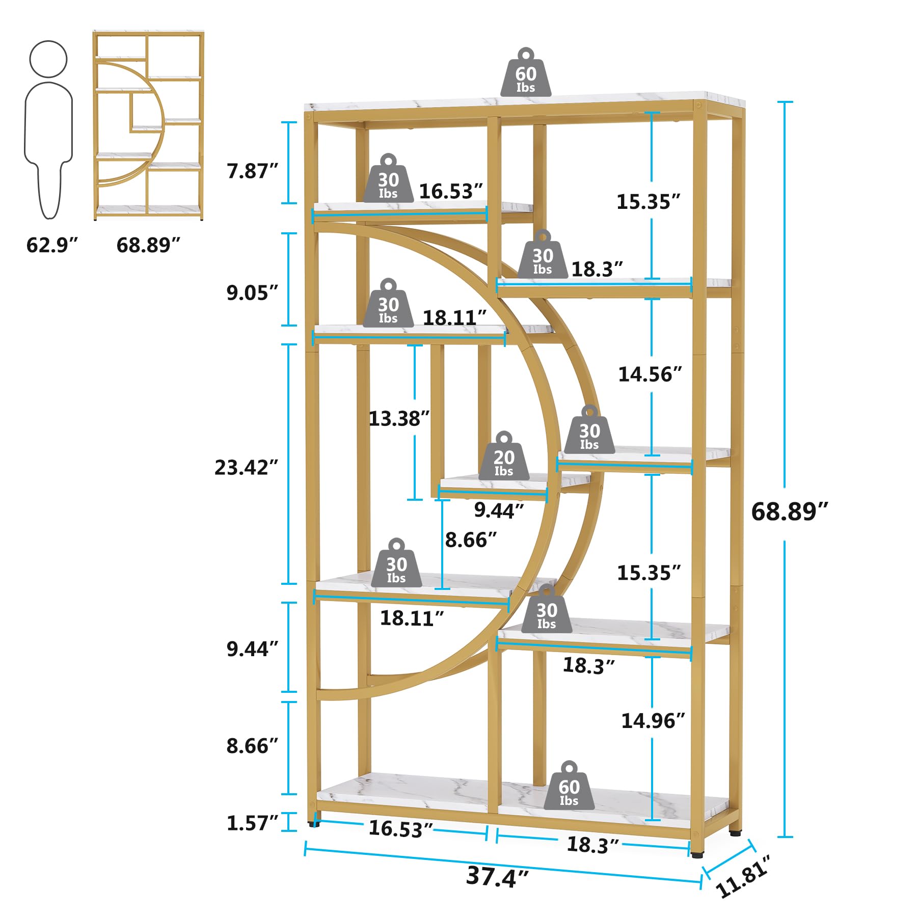 Industrial 5 Tier Bookshelf with 9 Open Storage Shelves