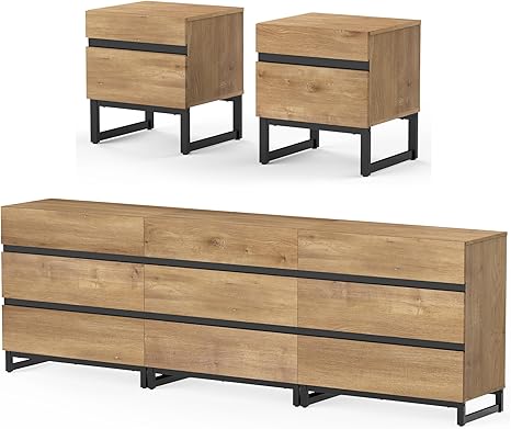 3-Piece Bedroom Furniture Set with 9-Drawer Dresser and 2 Nightstands