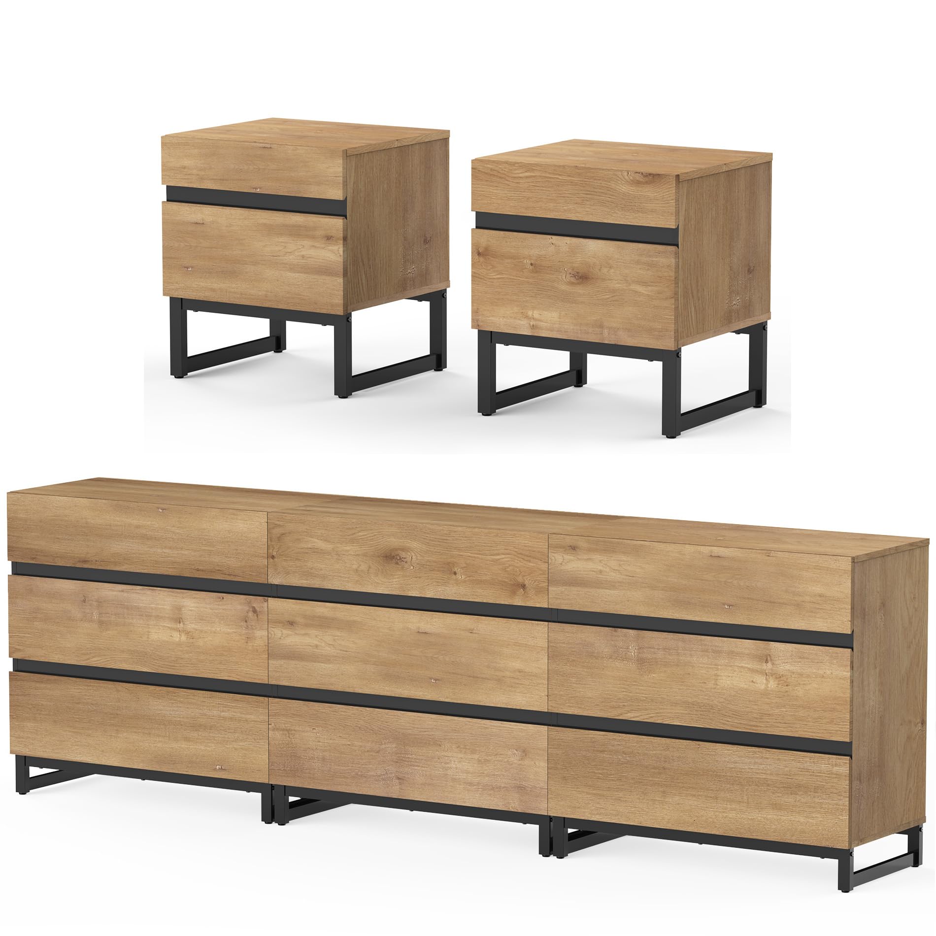 3-Piece Bedroom Furniture Set with 9-Drawer Dresser and 2 Nightstands