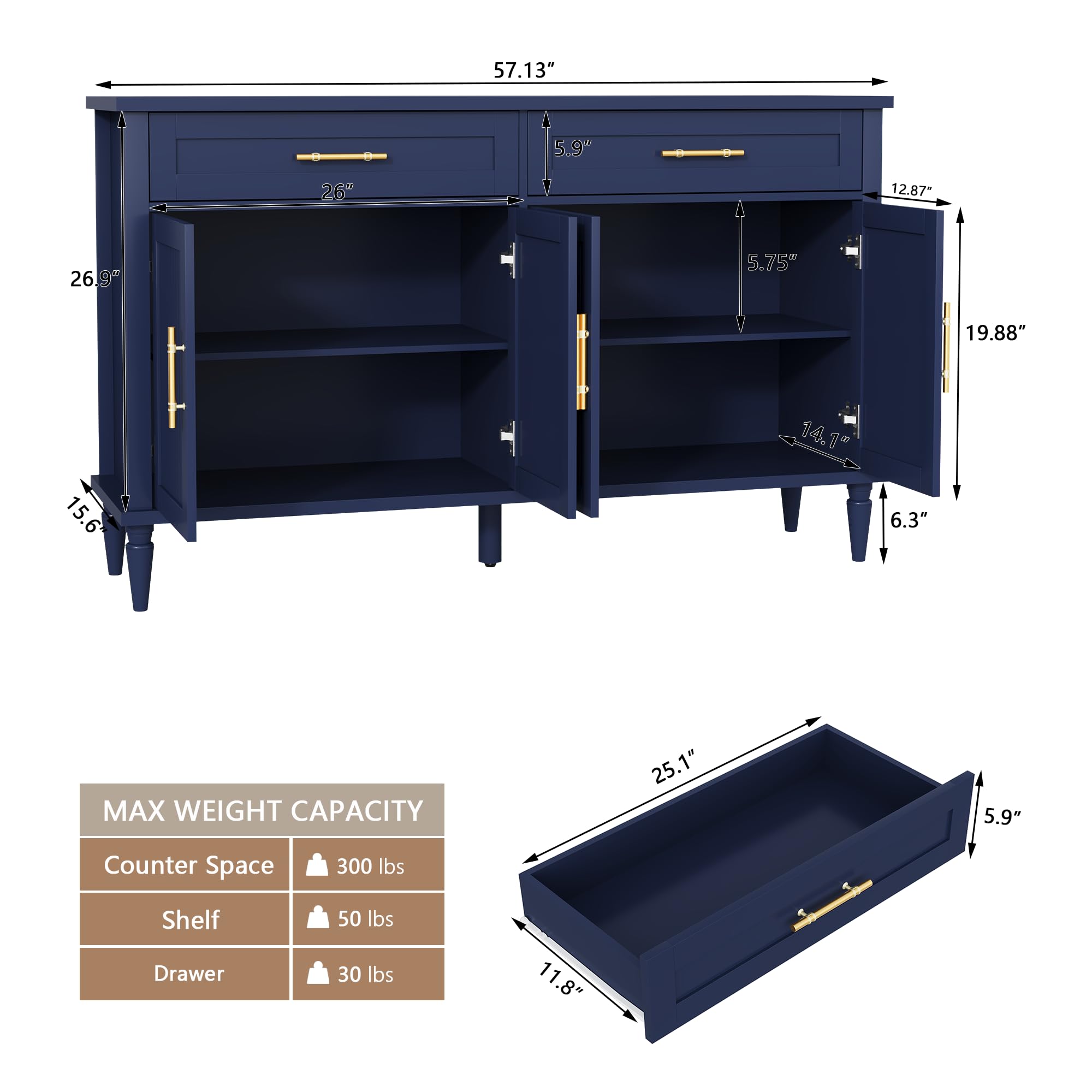 58 Inch Fluted Sideboard Buffet Cabinet with Storage