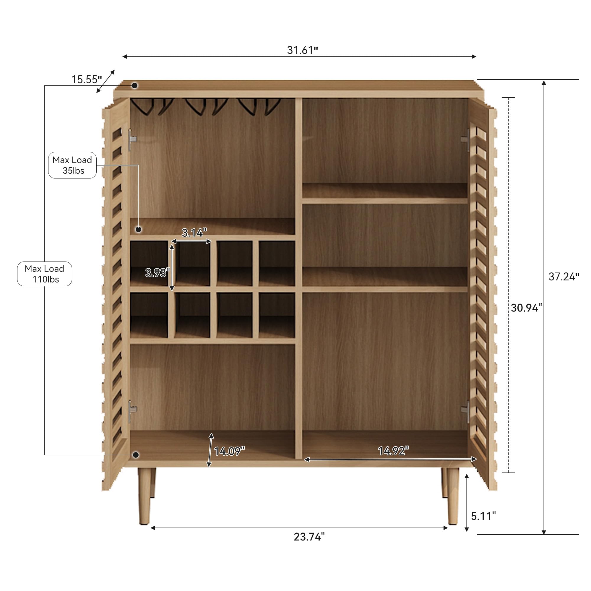 Mid Century Bar Cabinet with Wine Racks and Slatted Doors