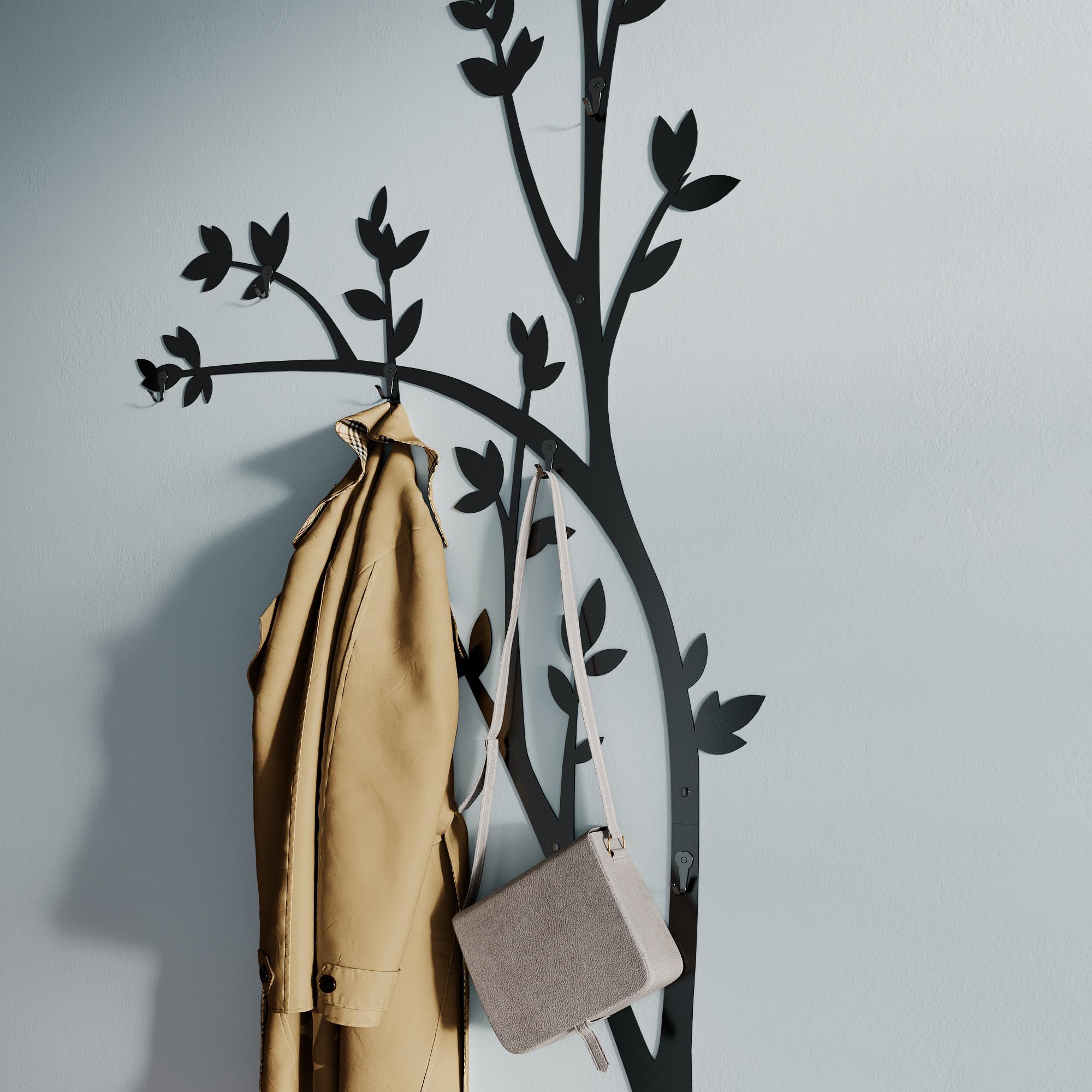 Wall Mounted Coat Rack - Black Metal Tree Style with 6 Hooks