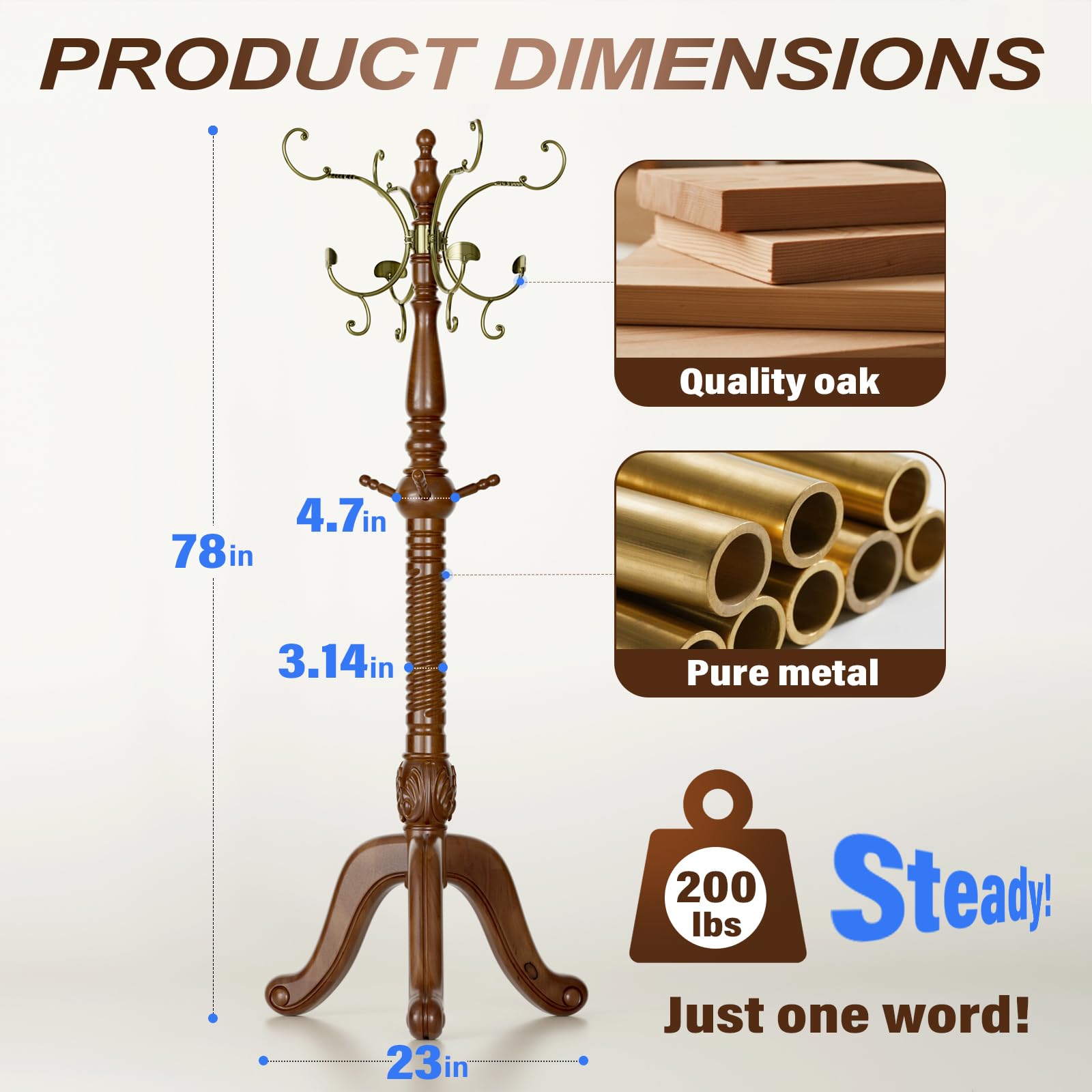 Freestanding Coat Rack with 12 Metal Hooks