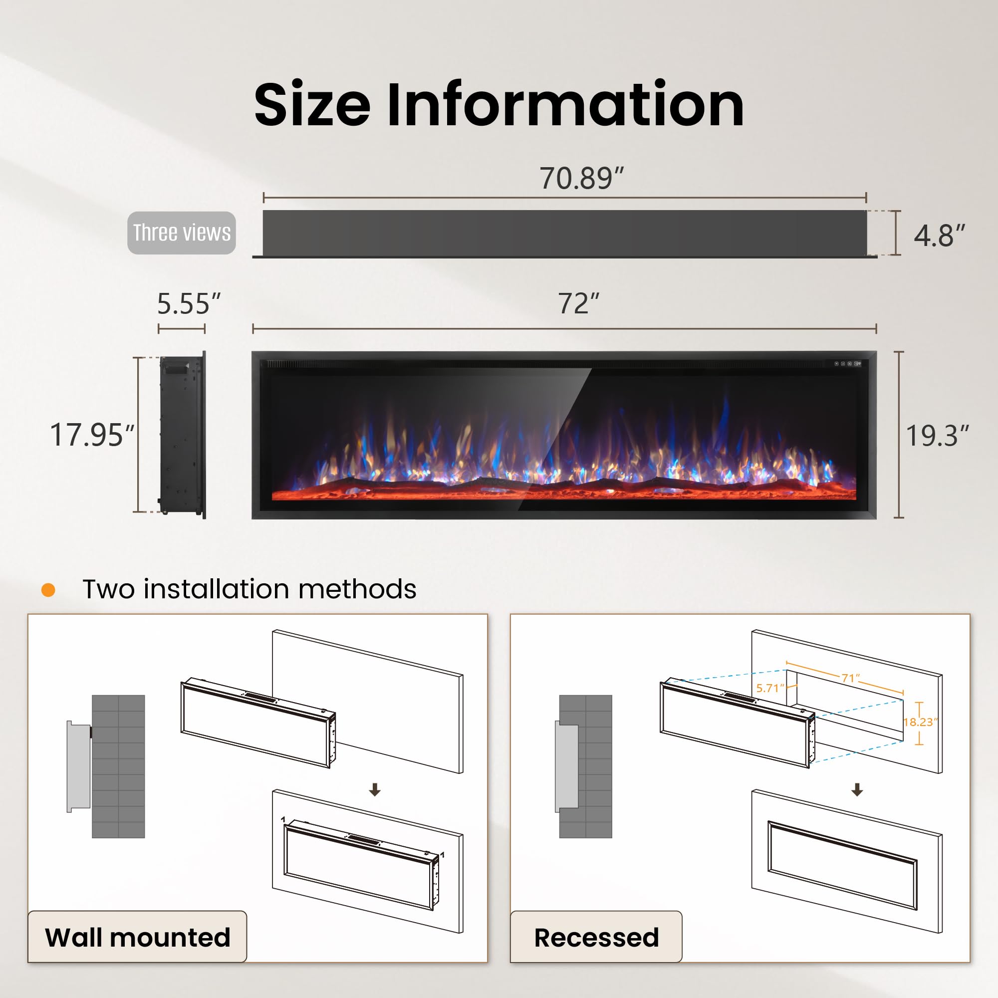 72" Electric Fireplace Wall Mounted with Remote Control