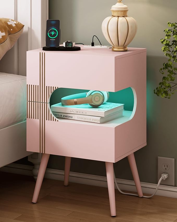 Nightstand with Charging Station and LED Lights