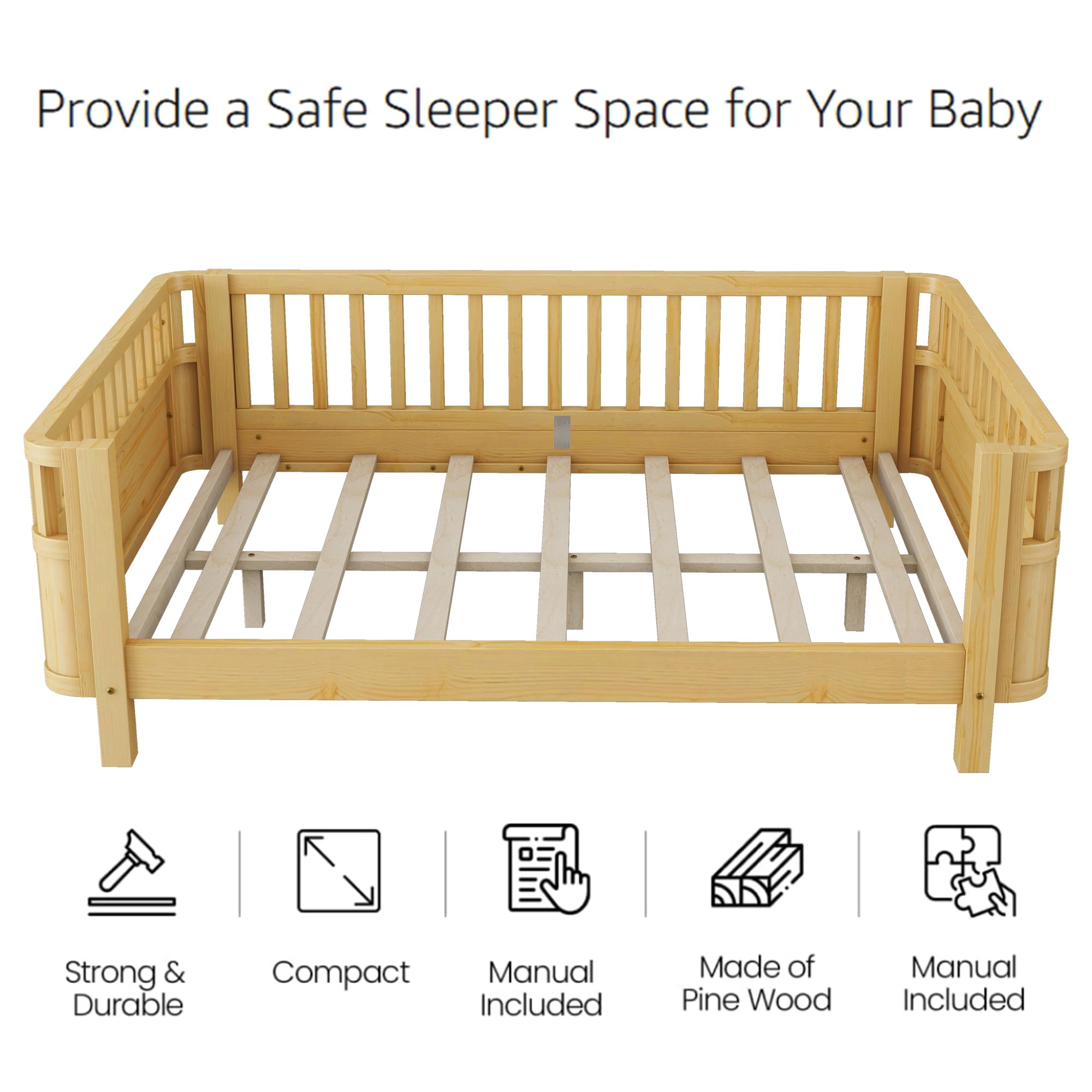 Full Size Montessori Bed Frame with Rails