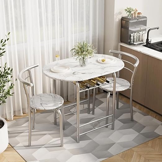 3-Piece Wooden Dining Table Set with 2 Chairs and Wine Rack