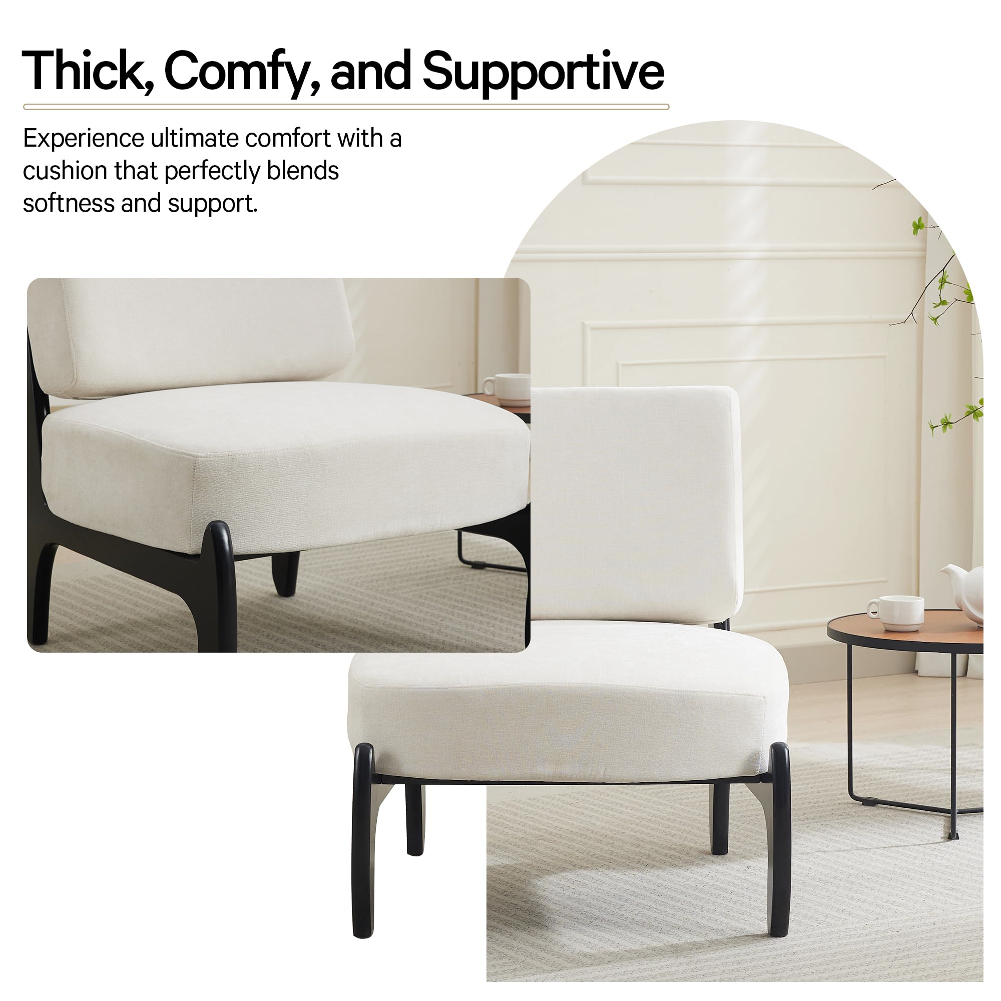 Mid-Century Linen Accent Chair with Solid Wood Base