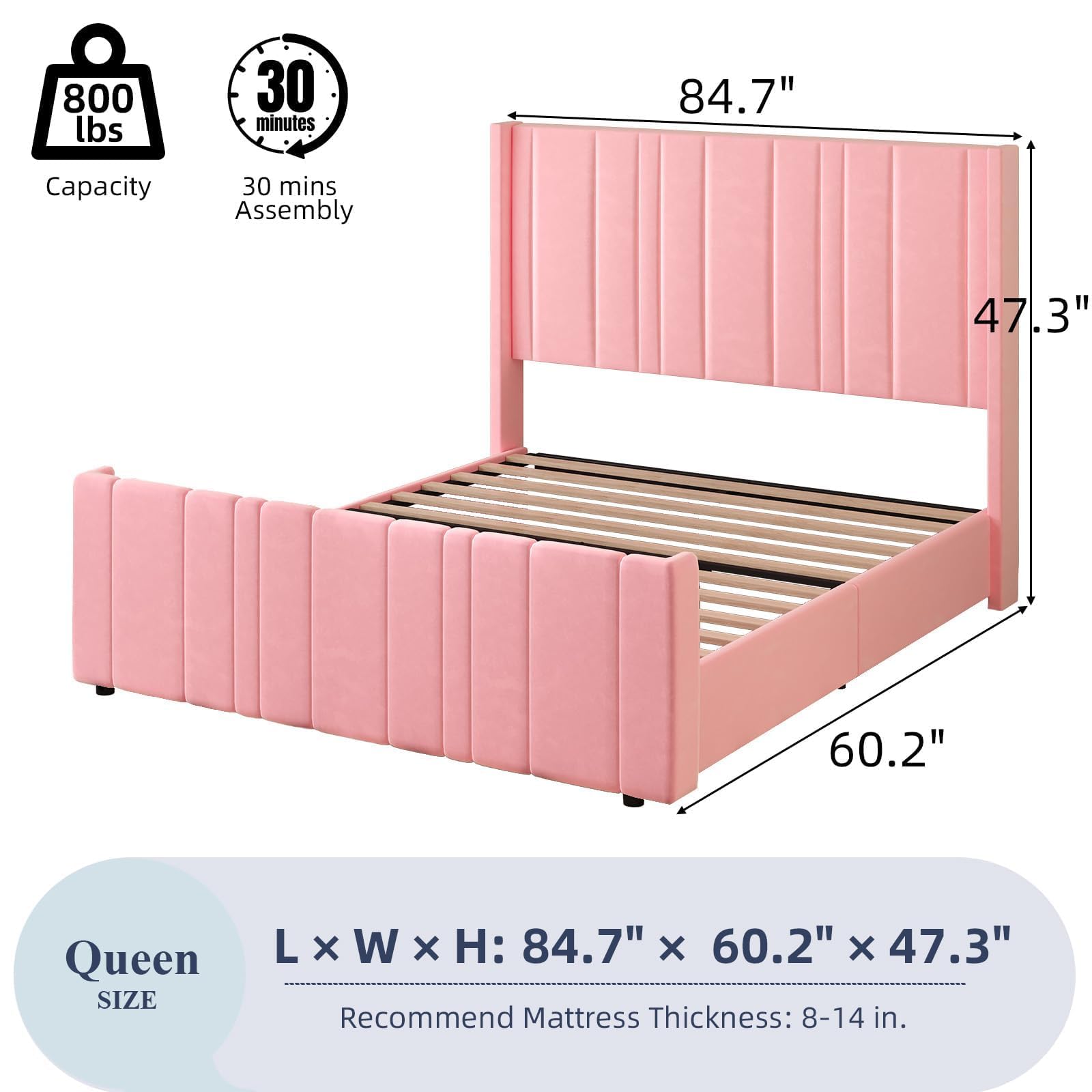 Pink Velvet Queen Bed Frame with Tufted Headboard