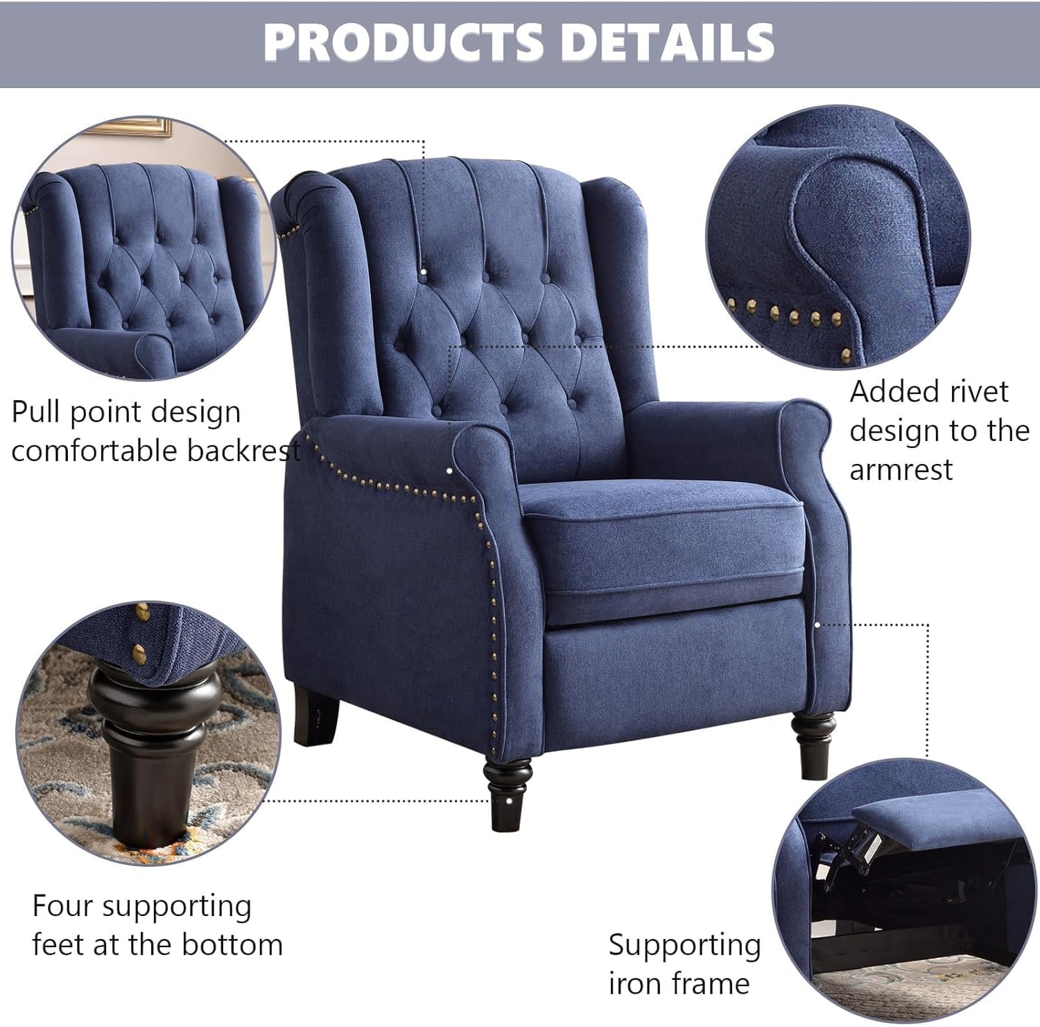 Tufted Wingback Recliner Chair Dark Blue
