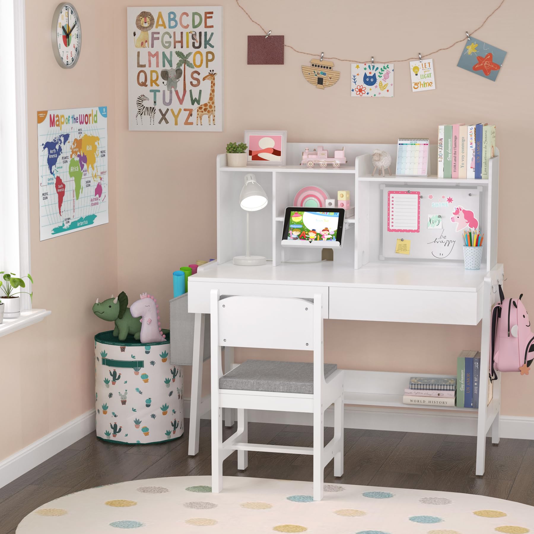 Kids Study Desk and Chair Set - Adjustable Height with Storage