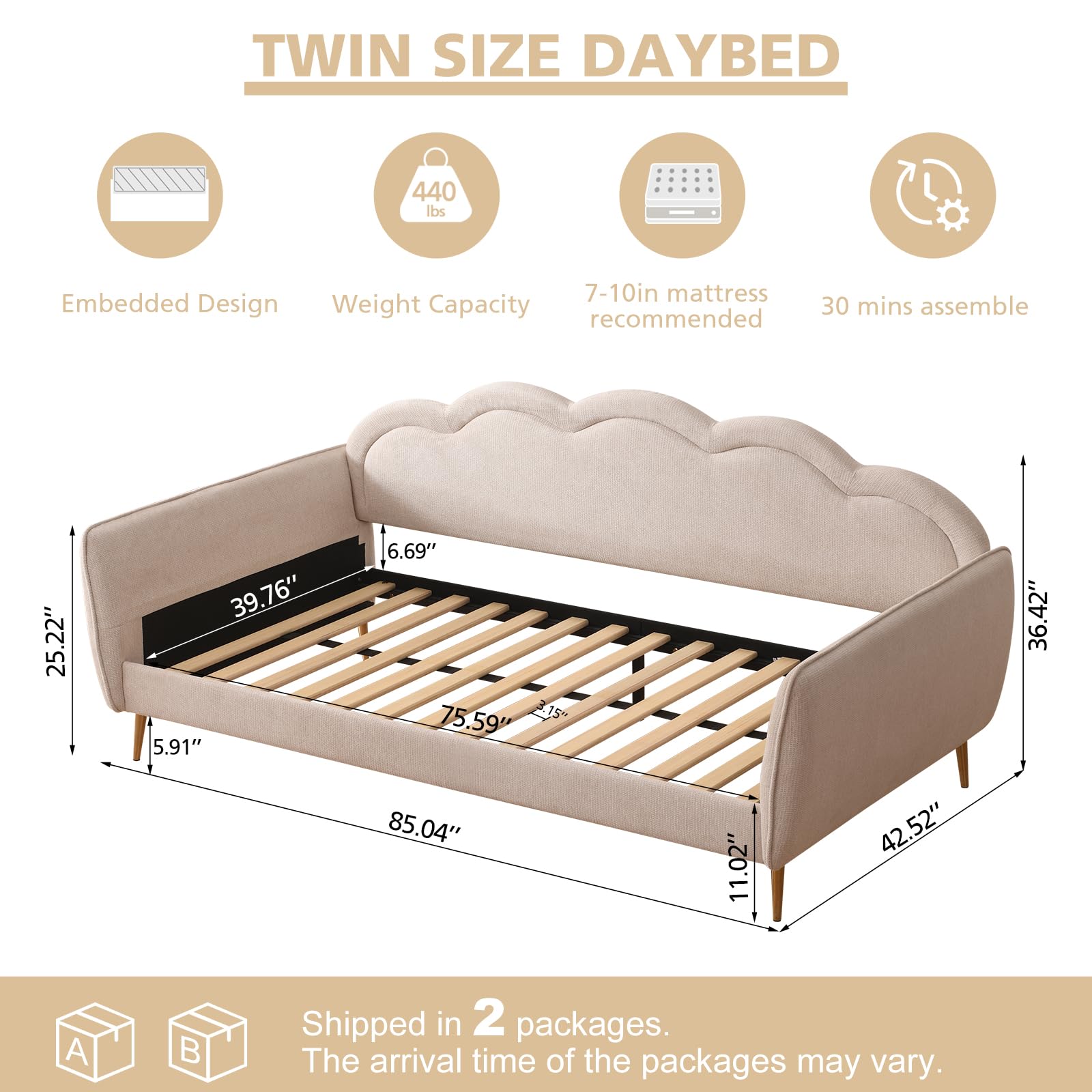 Twin Size Upholstered Daybed with Cloud-Shaped Backrest