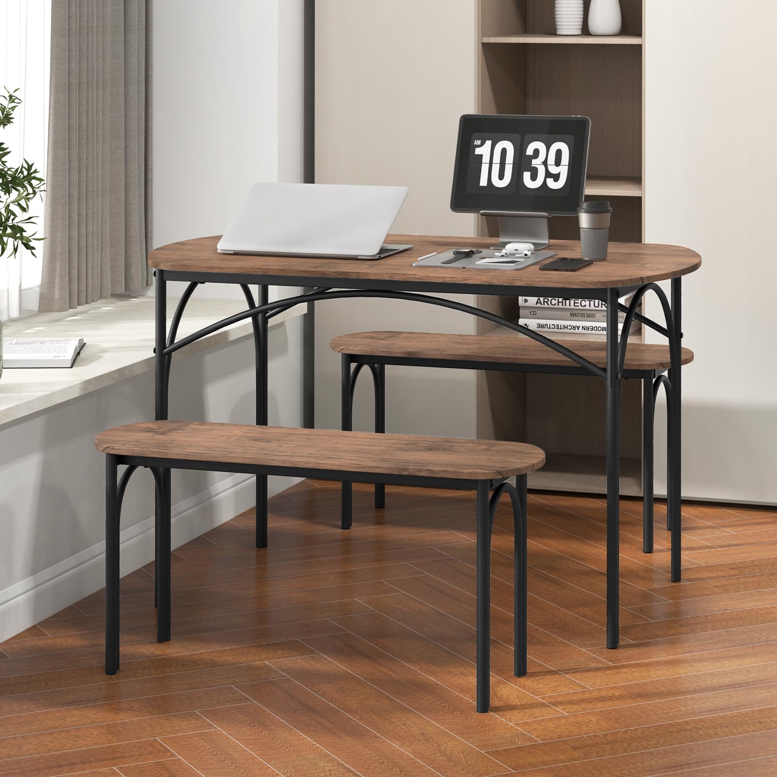 3-Piece Dining Table Set with 2 Benches