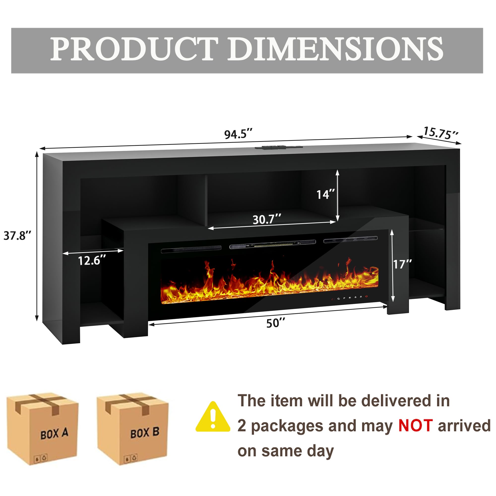 94.5" Fireplace TV Stand with 50" Electric Fireplace and LED Lighting