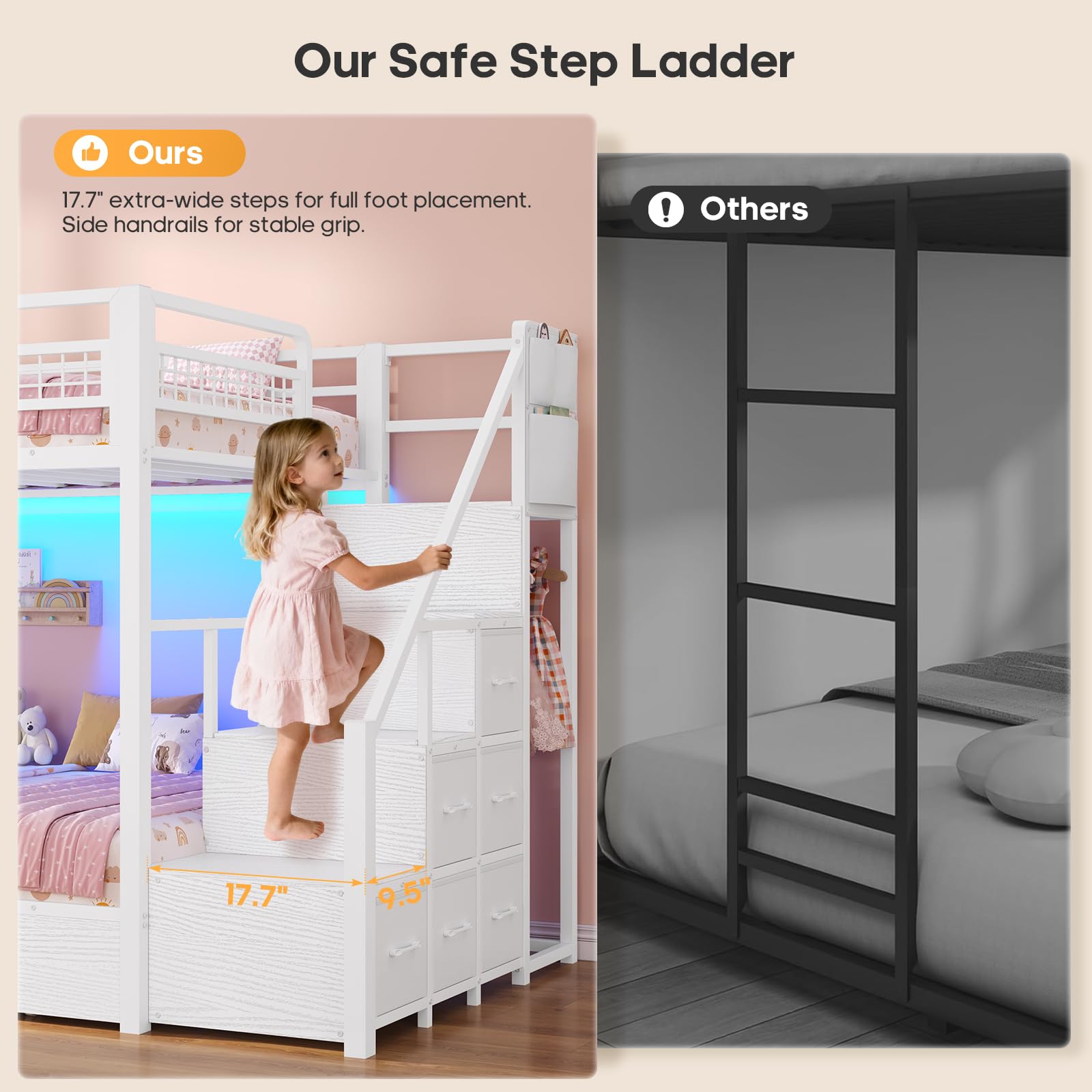 Twin Over Twin Bunk Bed with Stairs and LED Lights
